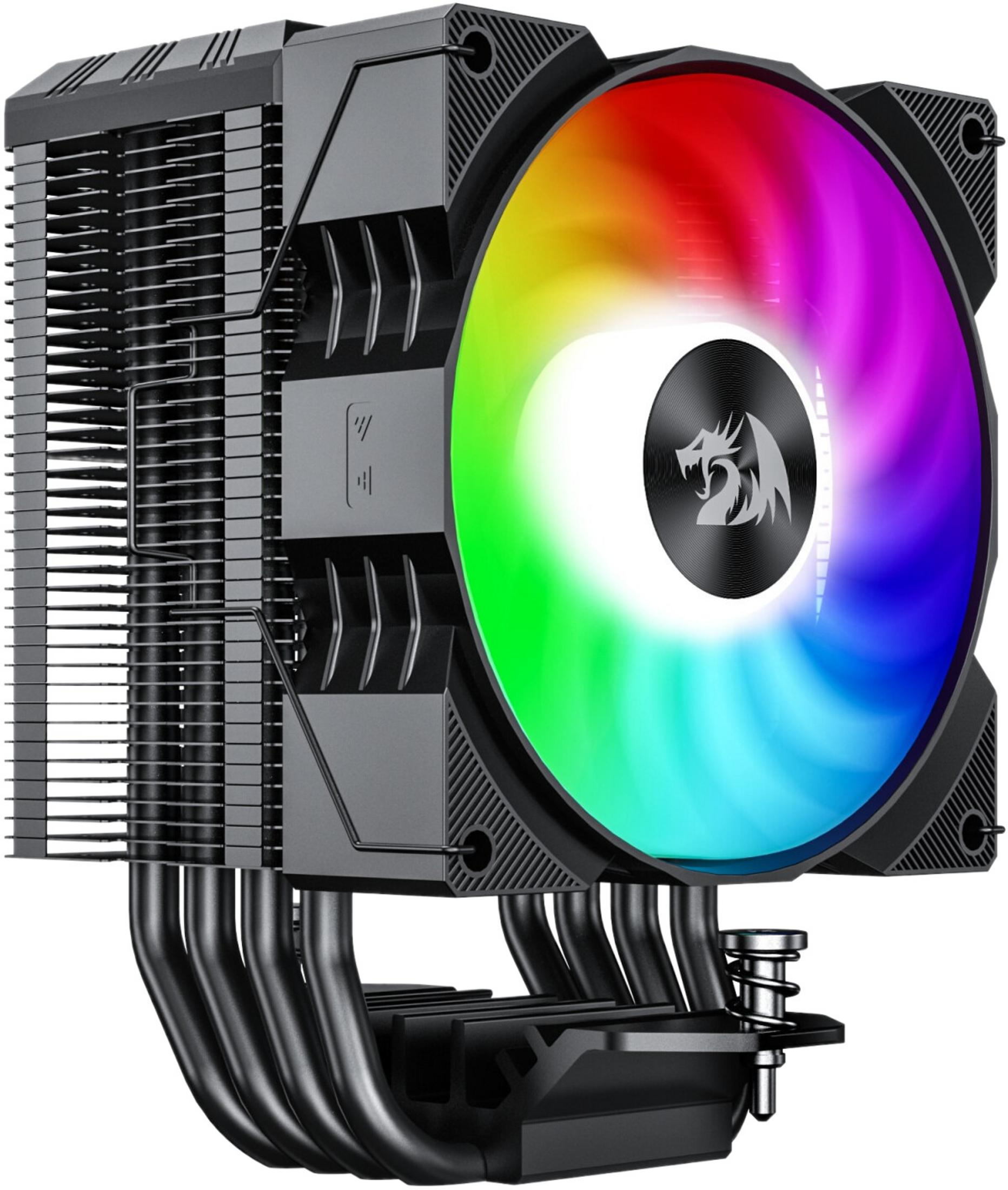 Dissipatore CPU nero con ventola RGB e heat pipe in rame.
