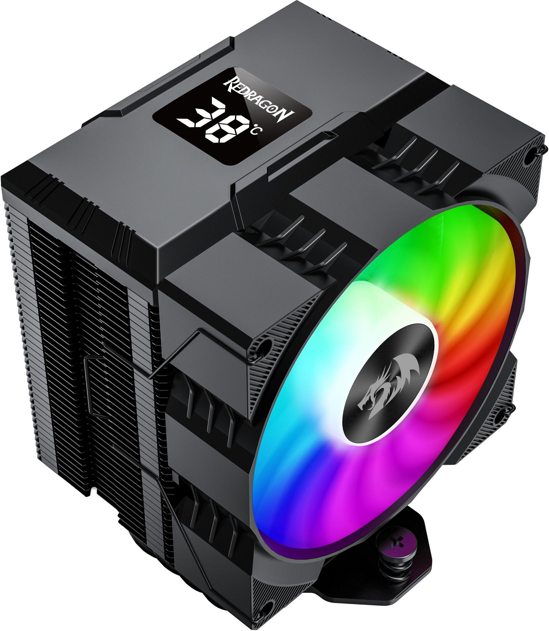 Un dissipatore per CPU nero con ventola RGB e display digitale della temperatura.