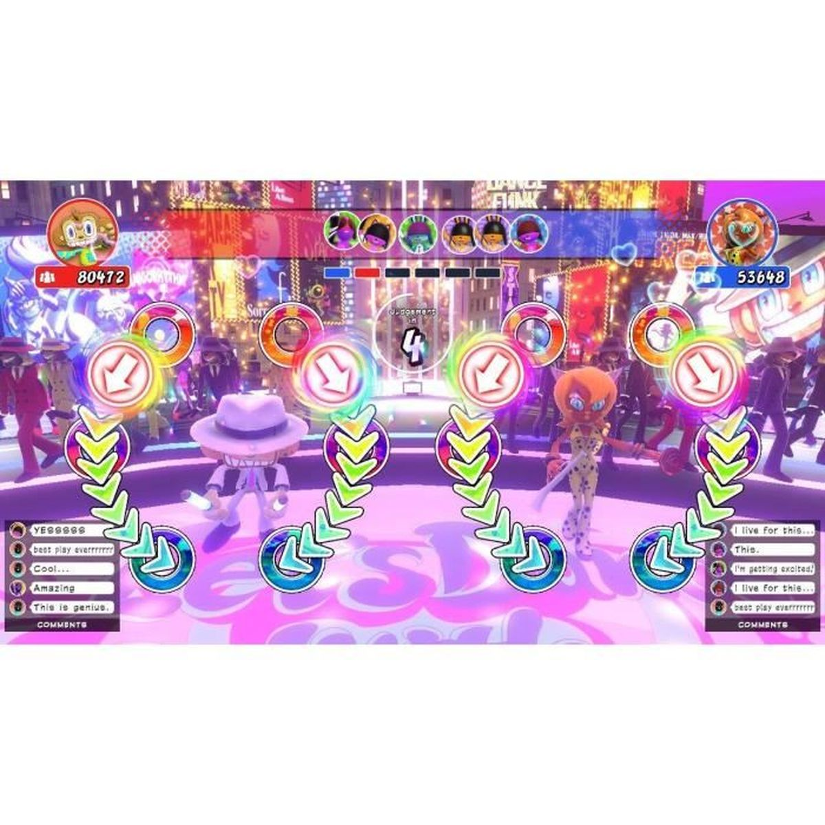 Uno schermo colorato con personaggi danzanti, note musicali e punteggi.