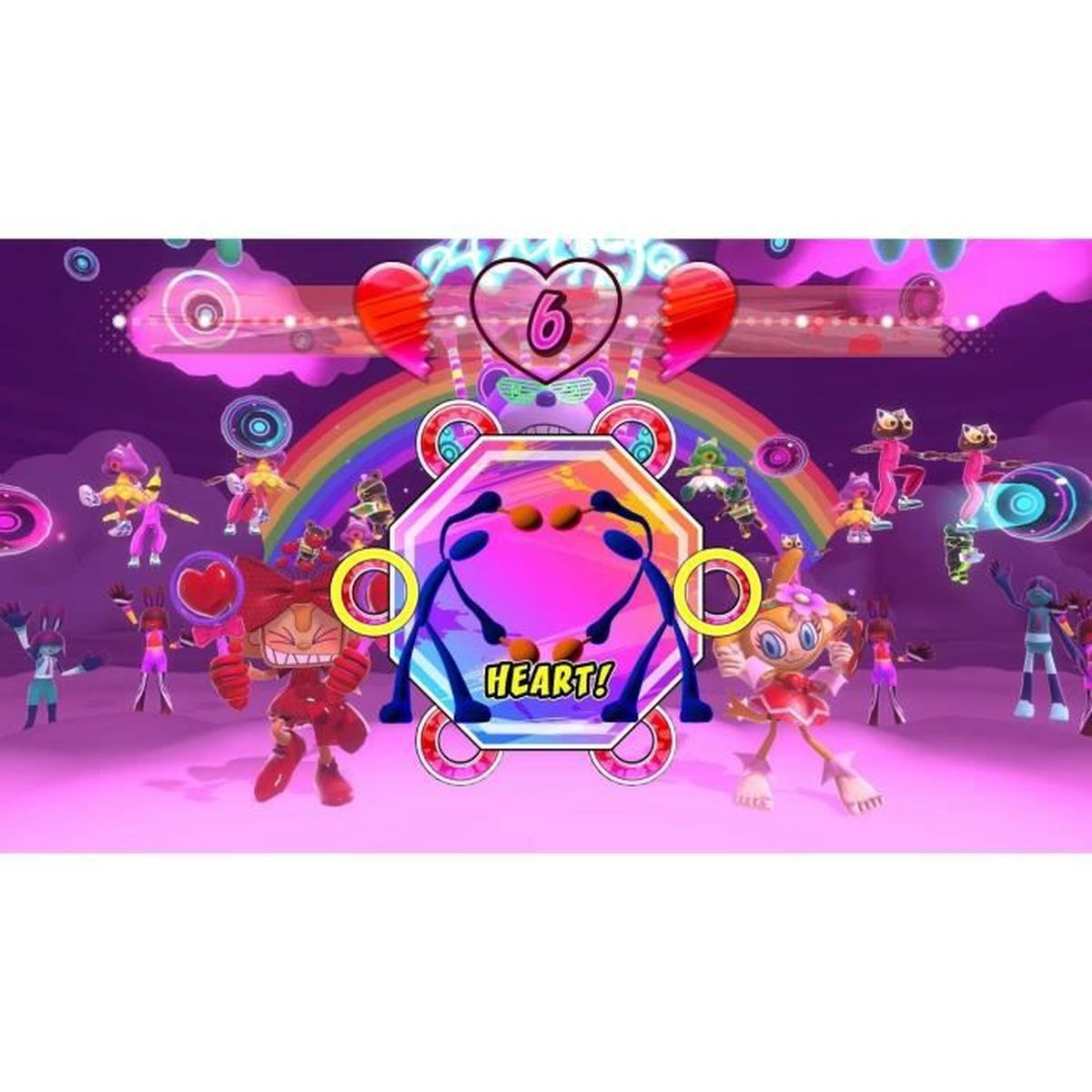 Personaggi colorati del gioco danzano davanti a un arcobaleno e cielo viola.