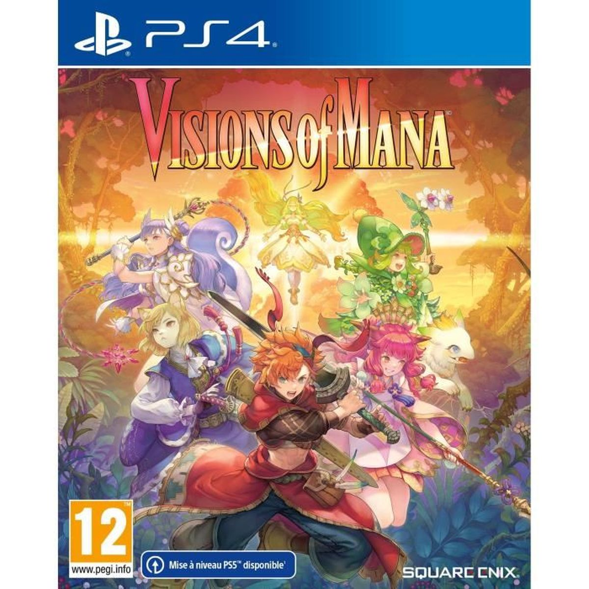Copertina di Visions of Mana PS4 con personaggi in stile anime su sfondo soleggiato.