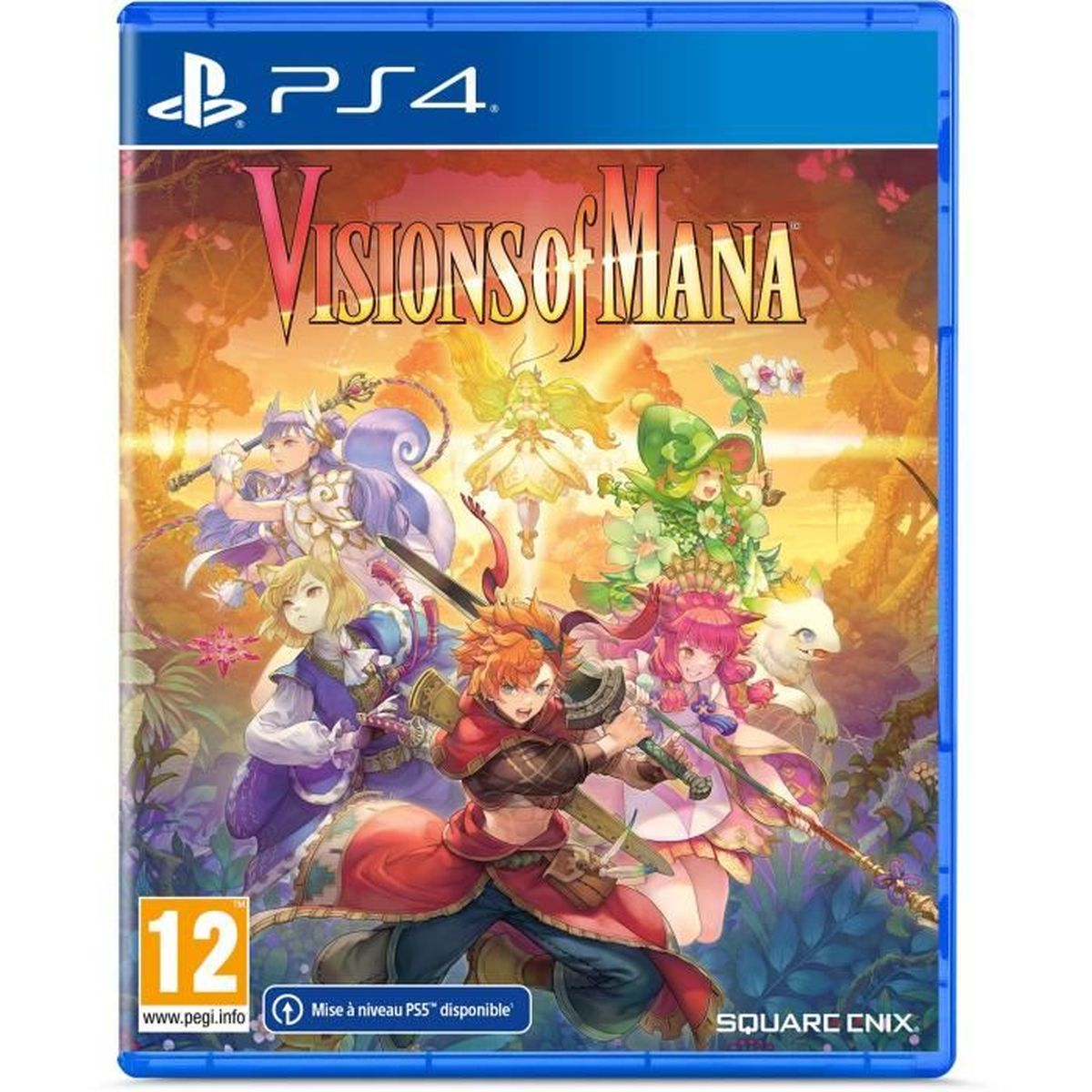 Copertina del gioco PS4 Visions of Mana, con diversi personaggi in un ambiente fantasy.