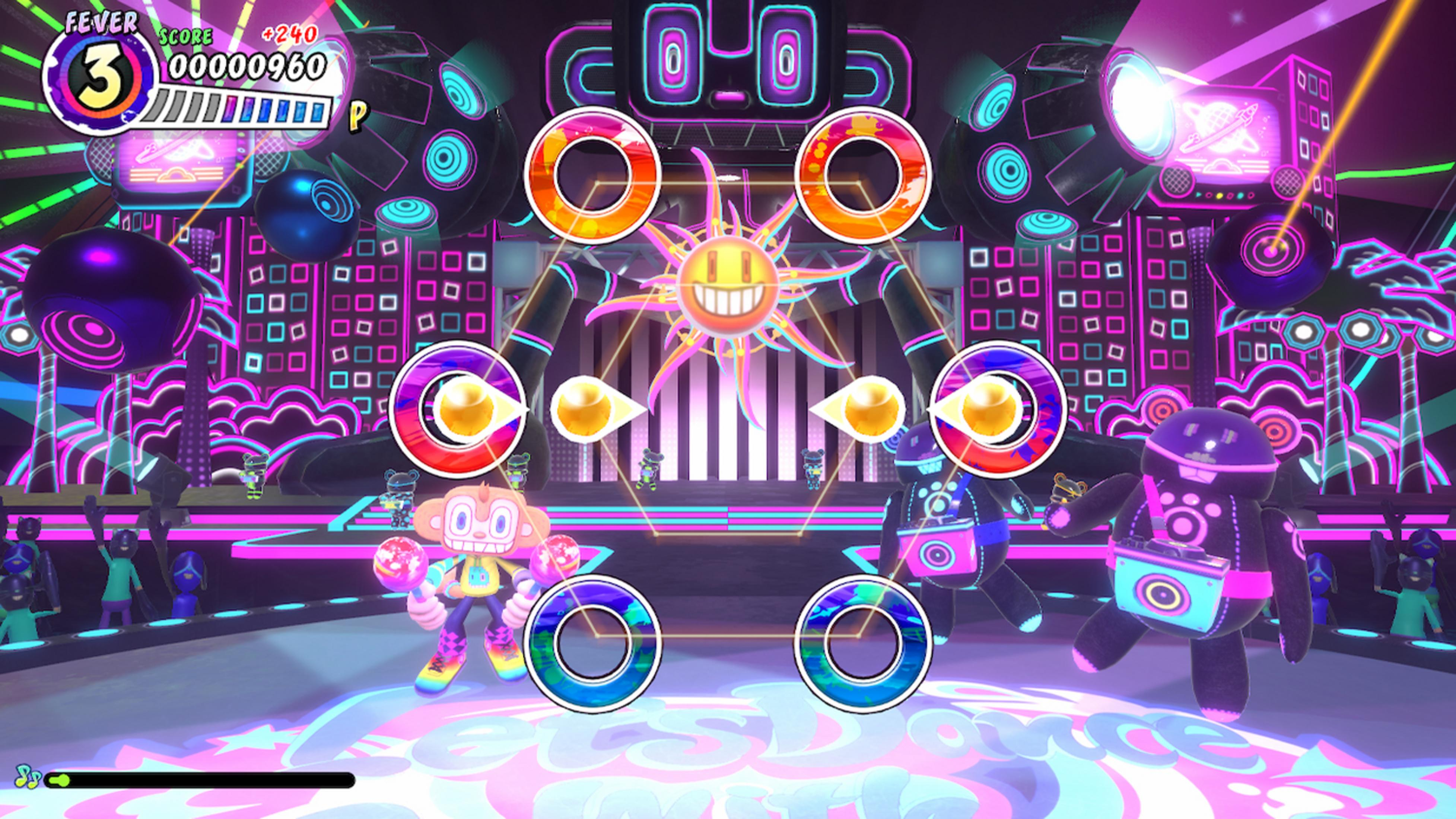 Scena colorata di festa da ballo con personaggi dei cartoni animati, luci ed elementi di gioco musicale.