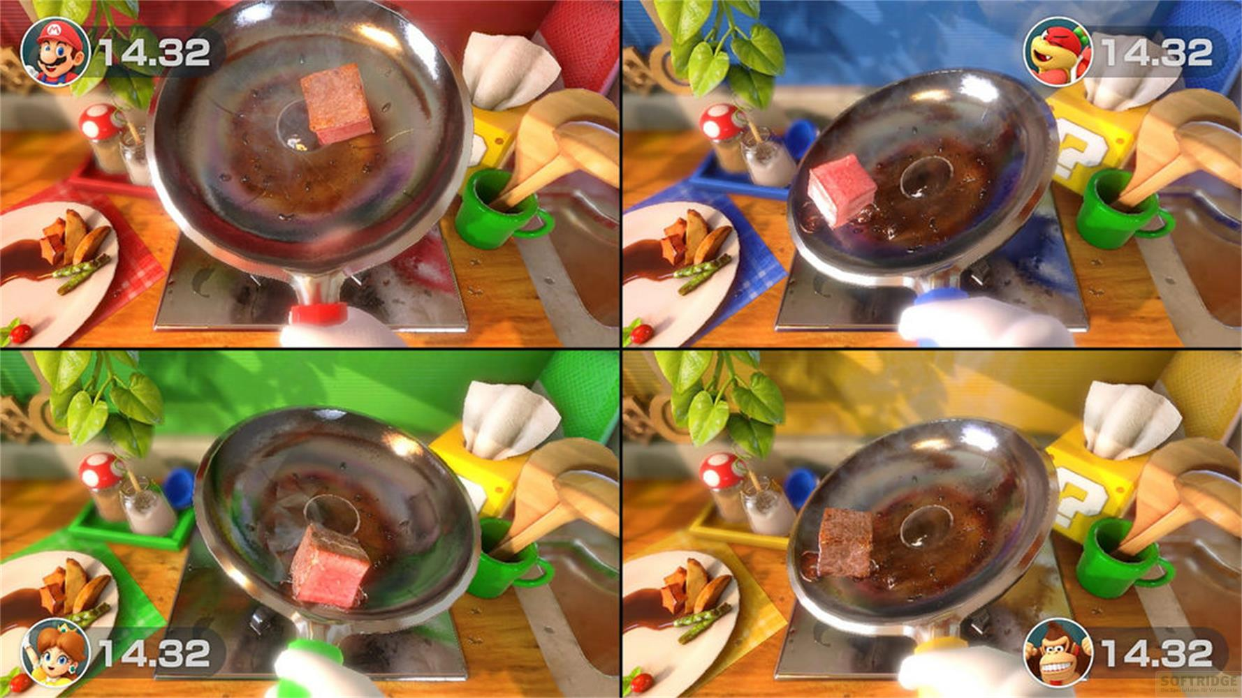 Quattro viste di una bistecca in padella, con contorni ed elementi di gioco.