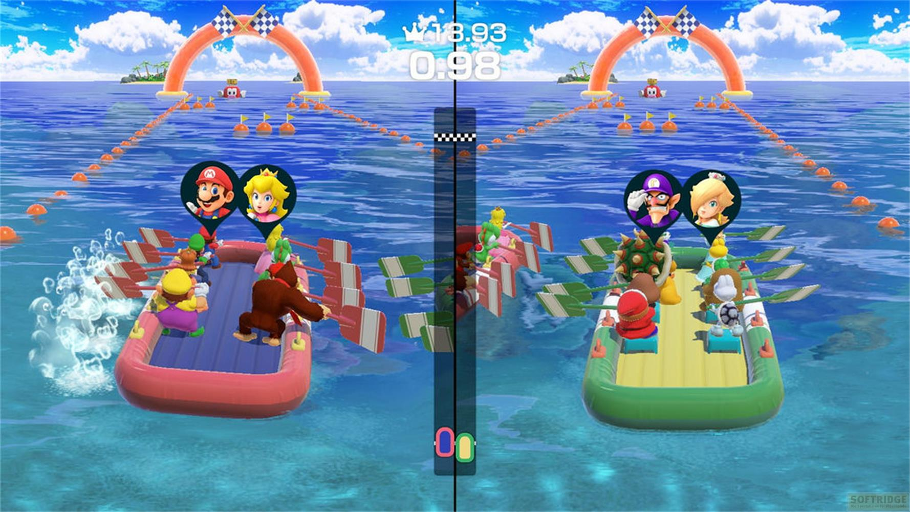 Mario e Peach remano in una gara acquatica contro Waluigi e Rosalina.