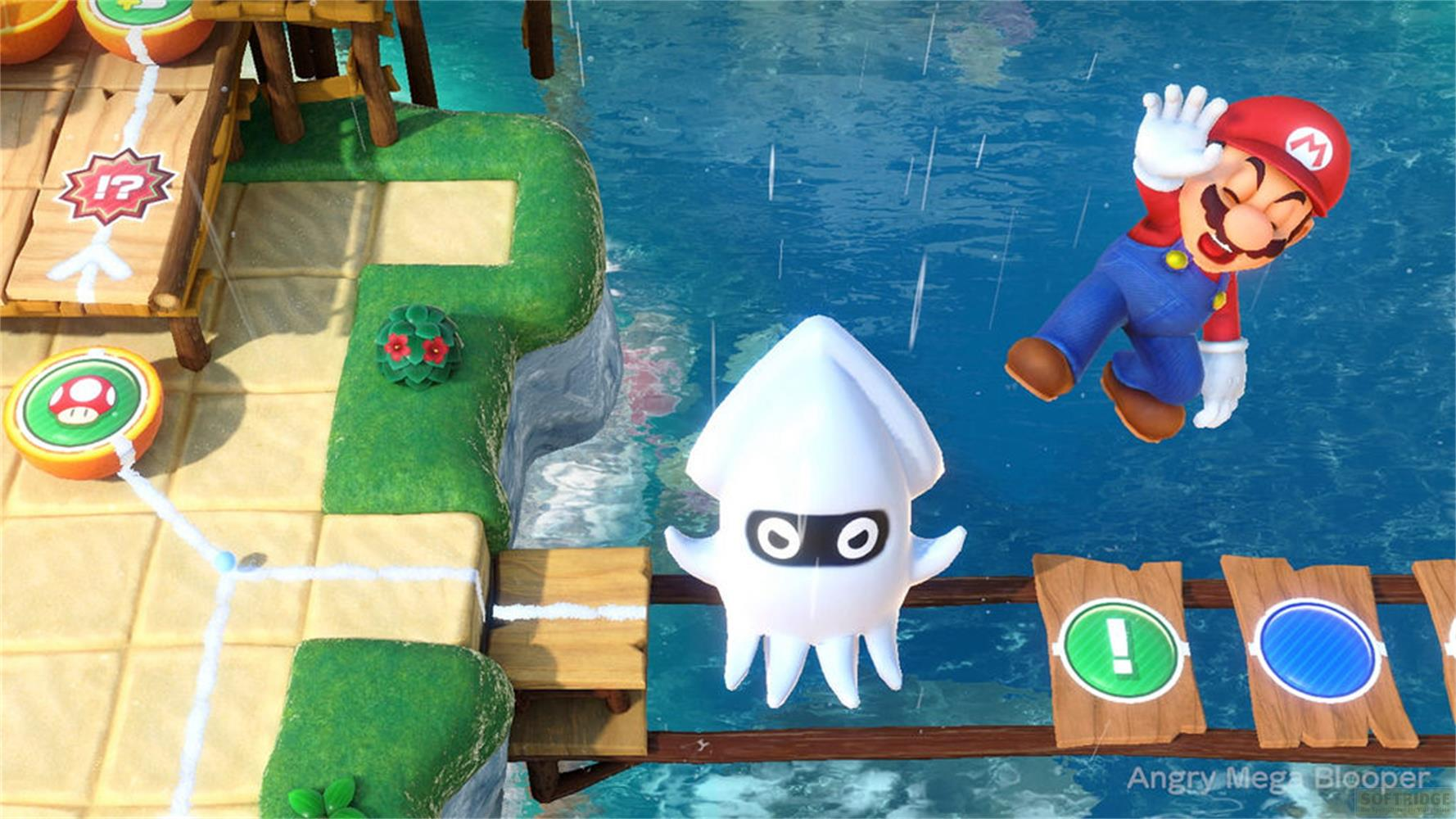 Mario salta sull'acqua, con un Blooper bianco e icone di gioco visibili.