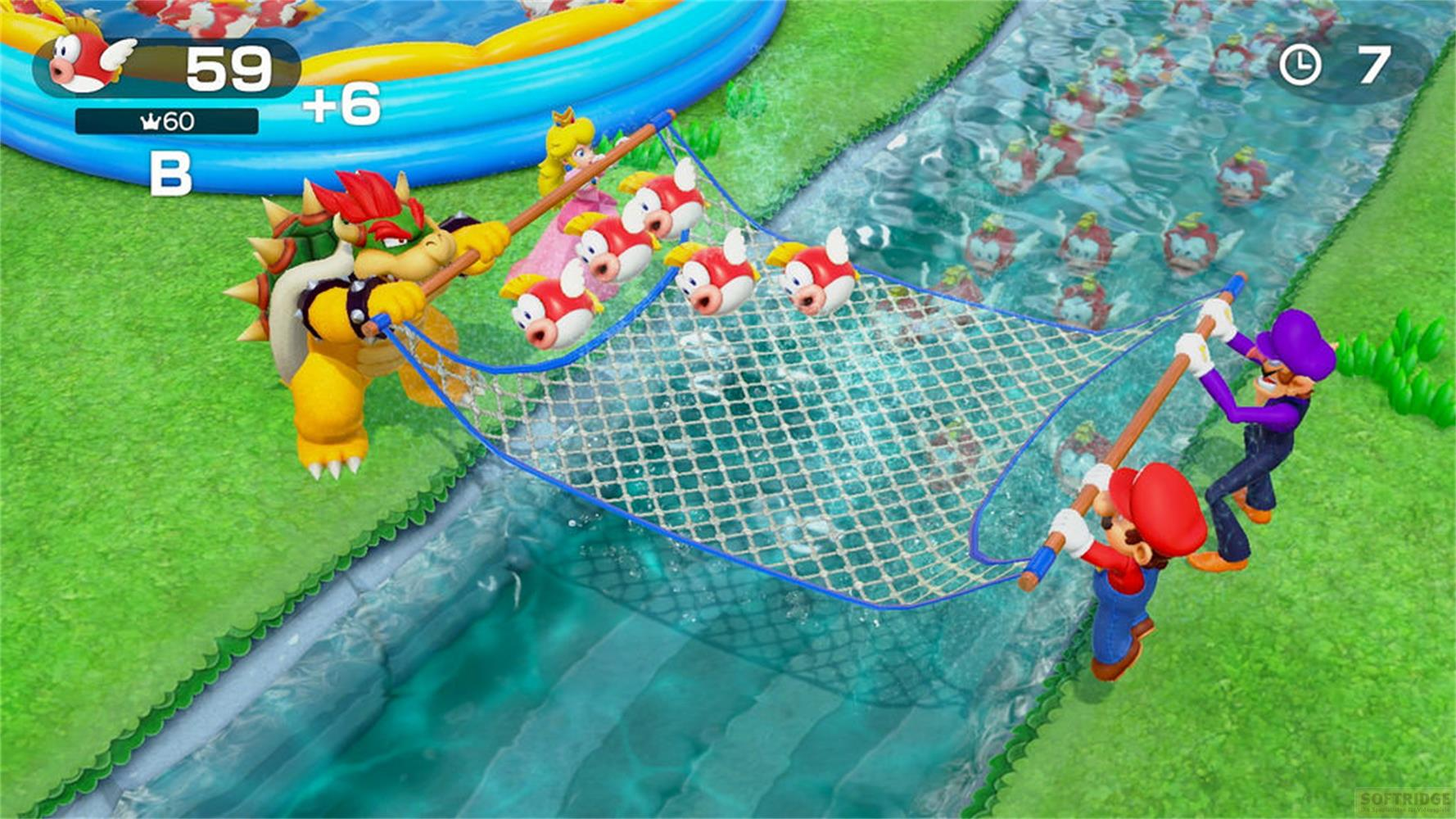 Personaggi pescano con una rete in un ruscello, con interfaccia di gioco visibile.