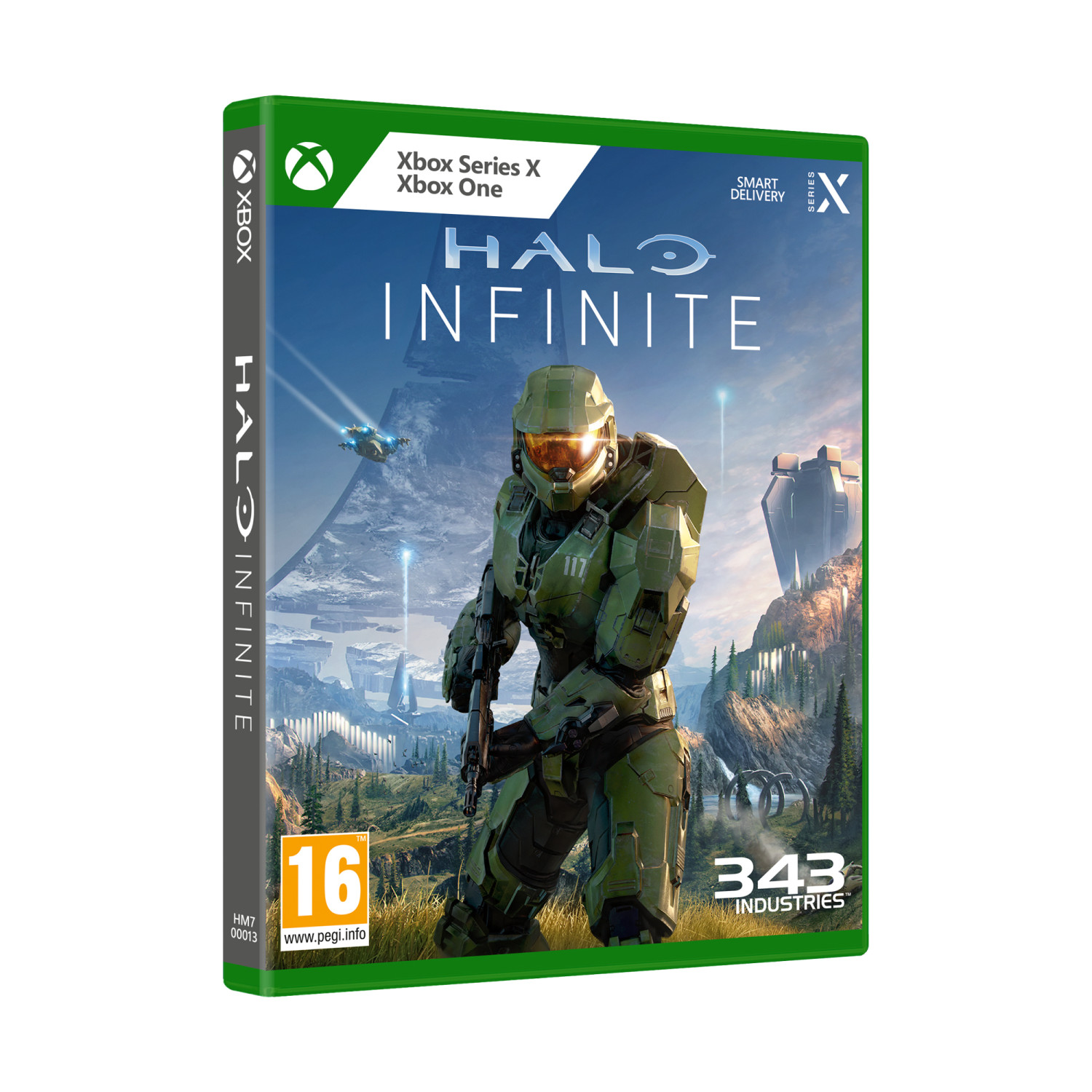 Okładka gry Halo Infinite na Xbox z Master Chiefem w zielonej zbroi i futurystycznym krajobrazem.