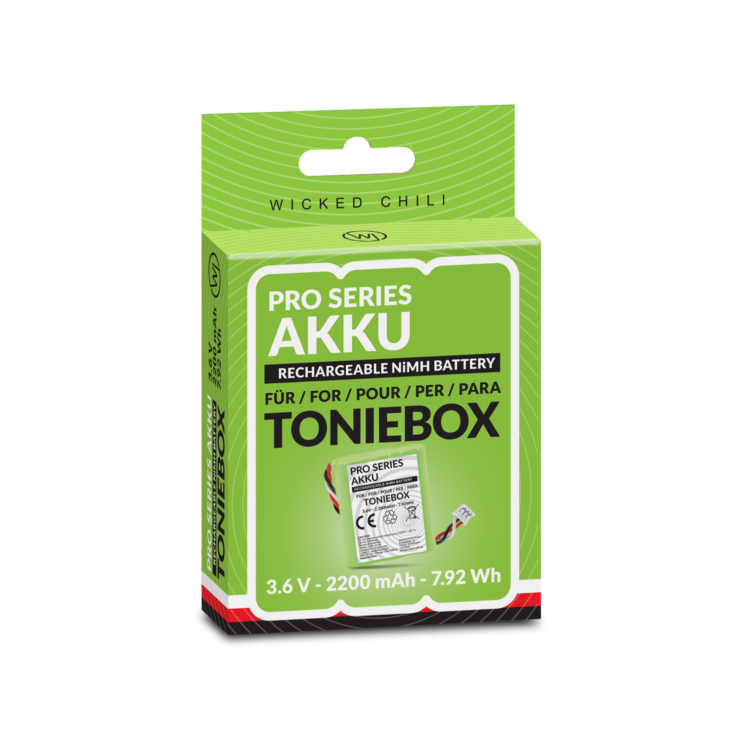 Grüne Verpackung für eine "Pro Series Akku" Toniebox Batterie mit 3,6 V.