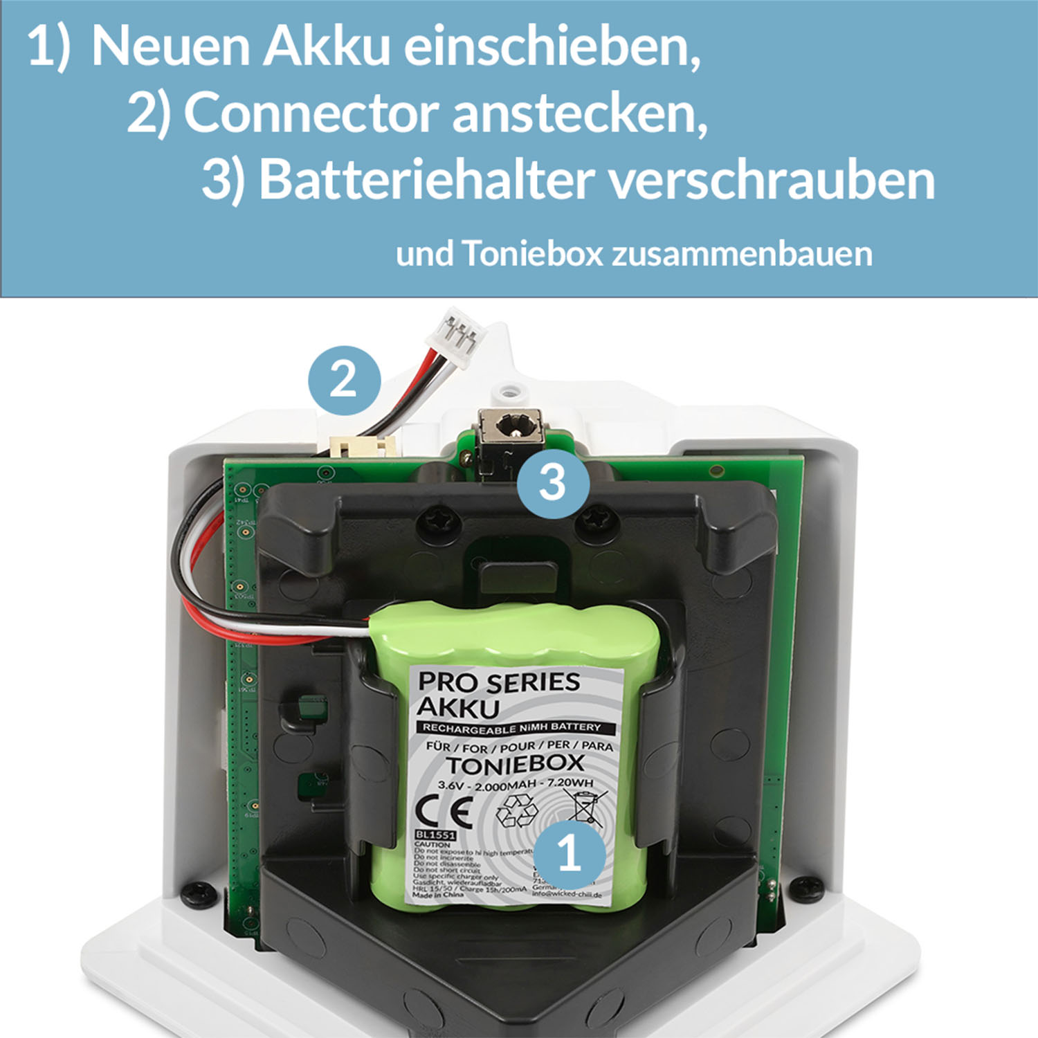 Anleitung zum Einbau eines Akkus in eine Toniebox, mit nummerierten Schritten.