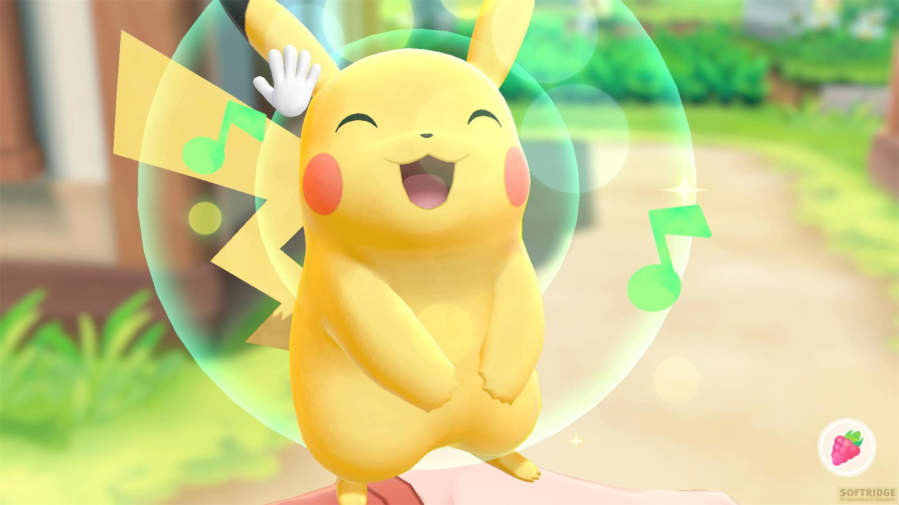 Pikachu tanzt mit Musiknoten und Blasen im Hintergrund.