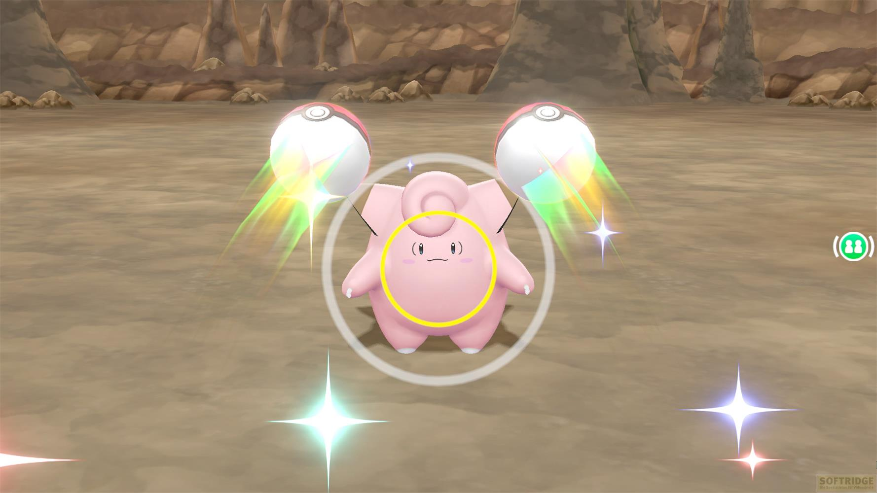 Ein rosa Pokémon steht im Mittelpunkt, umgeben von leuchtenden Pokébällen.