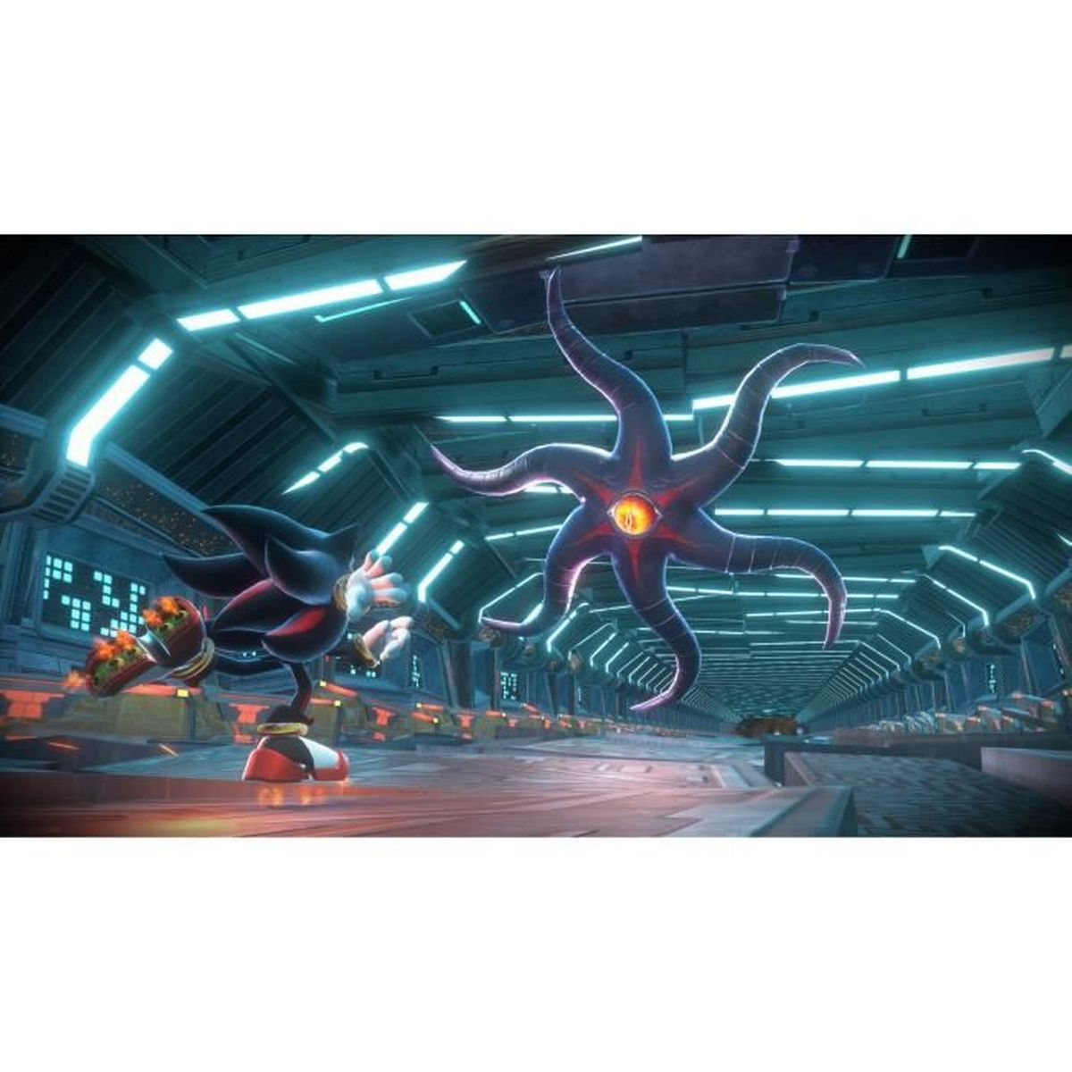 Shadow the Hedgehog kämpft gegen ein sternförmiges Monster in einem futuristischen Korridor.