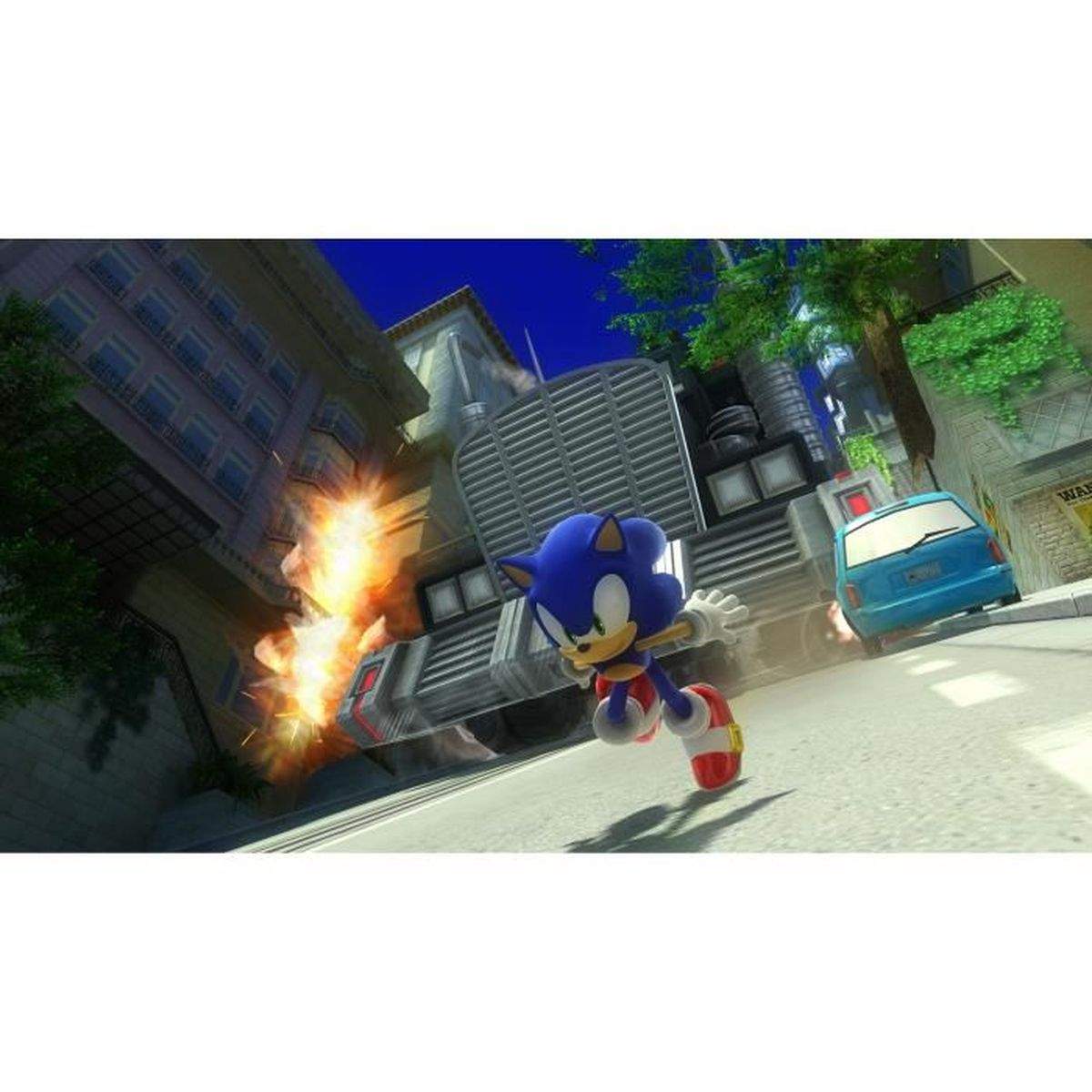 Sonic rennt durch eine Stadt, während im Hintergrund eine Explosion stattfindet.