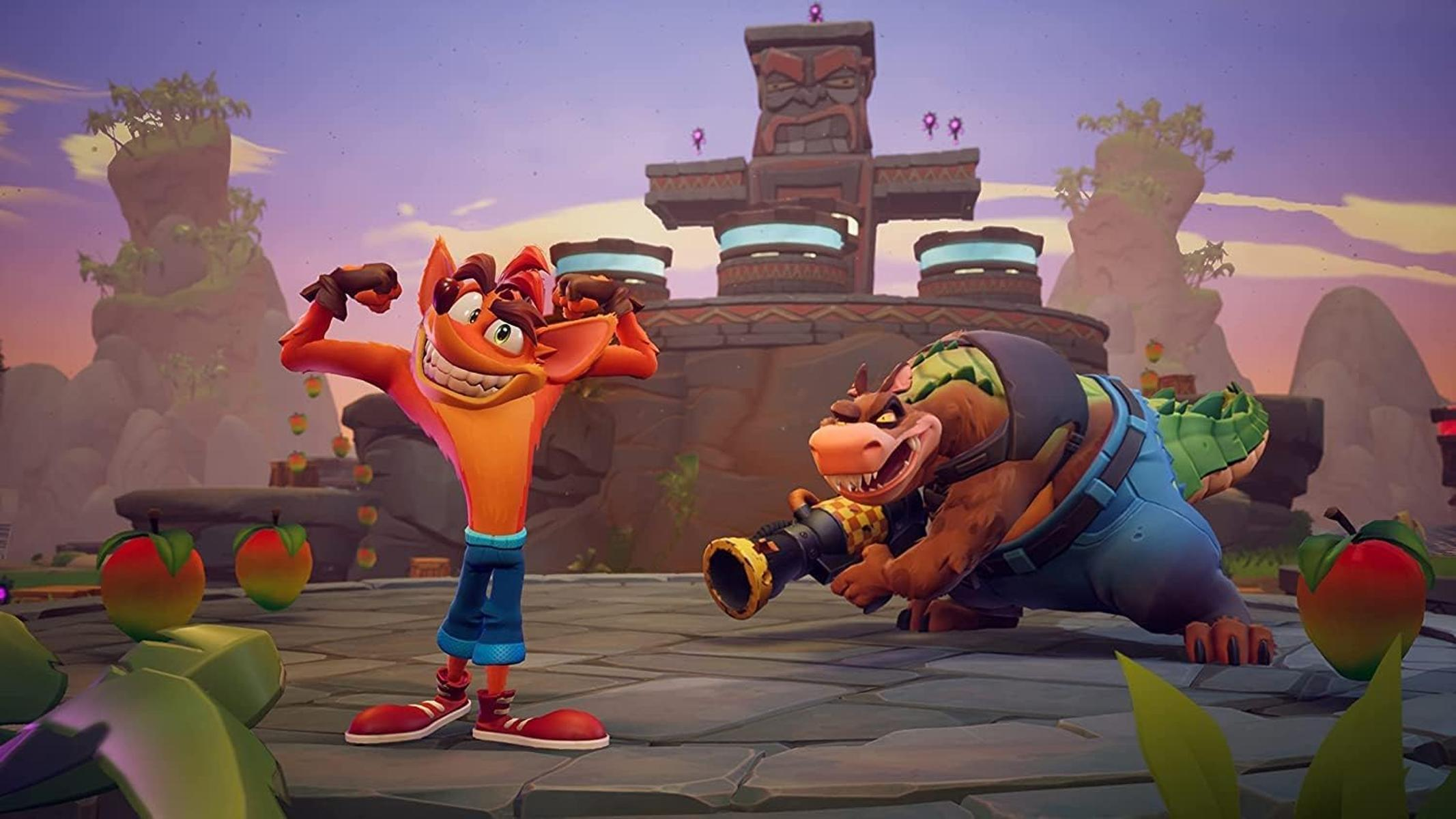 Crash Bandicoot e un cattivo simile a un coccodrillo si affrontano in un'arena.