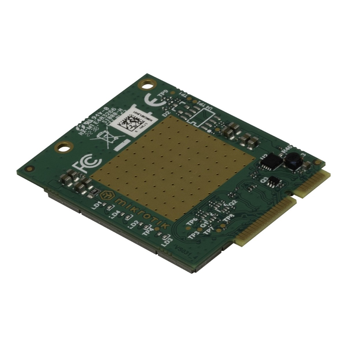 Circuito stampato verde con contatti dorati e logo Mikrotik, sfondo bianco.