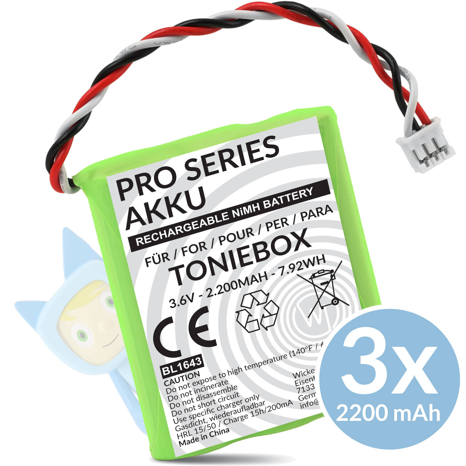 Grüne Toniebox Akku, 3,6V, 2200mAh, mit Kabel und Stecker. "Pro Series".