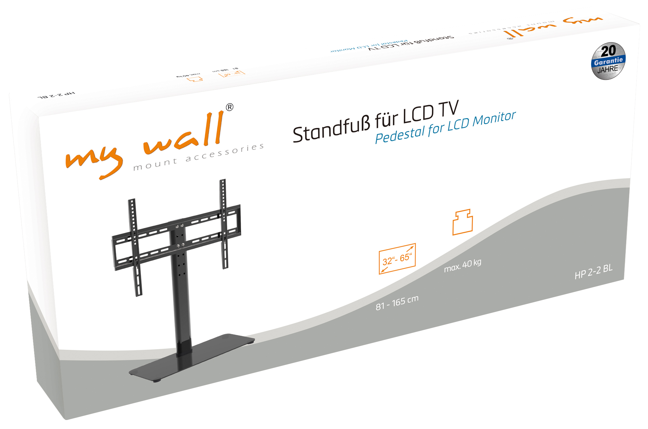 Verpackung für einen schwarzen TV-Ständer für LCD-TVs und Monitore.