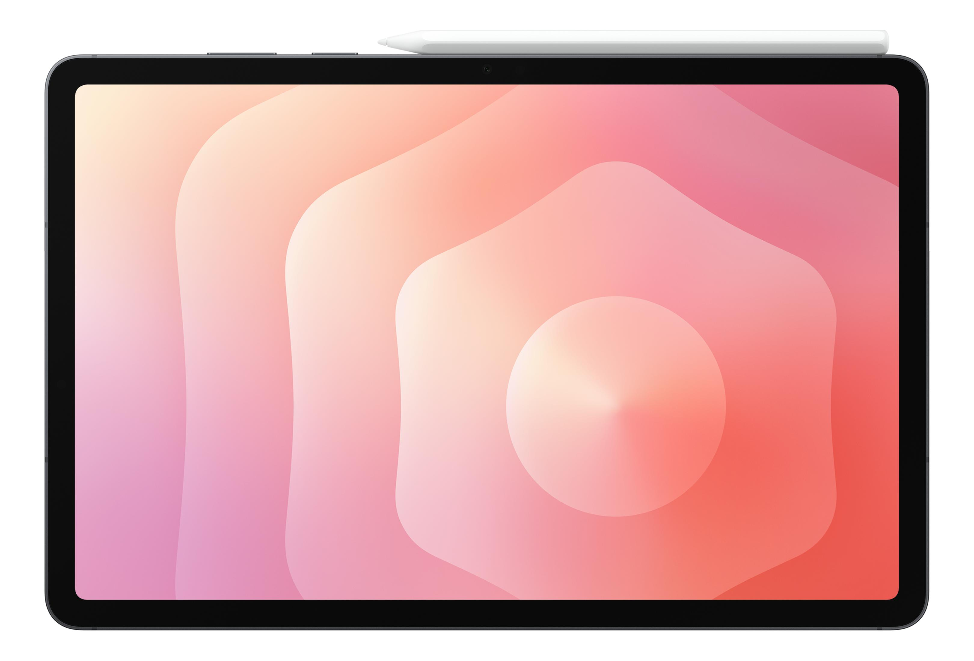 Tablet z białym rysikiem, wyświetlający abstrakcyjne tło w pastelowych kolorach.