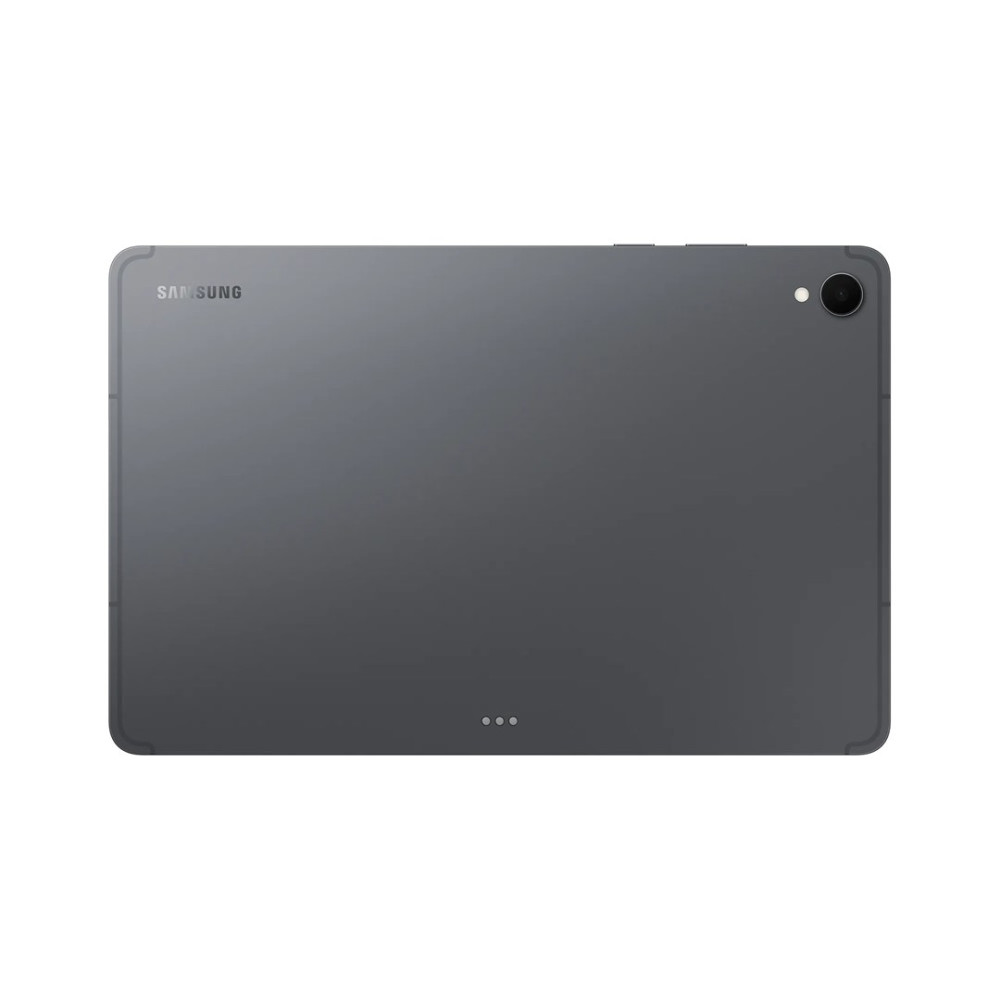 Tablet Samsung grigio scuro, vista posteriore con fotocamera e contatti di ricarica.