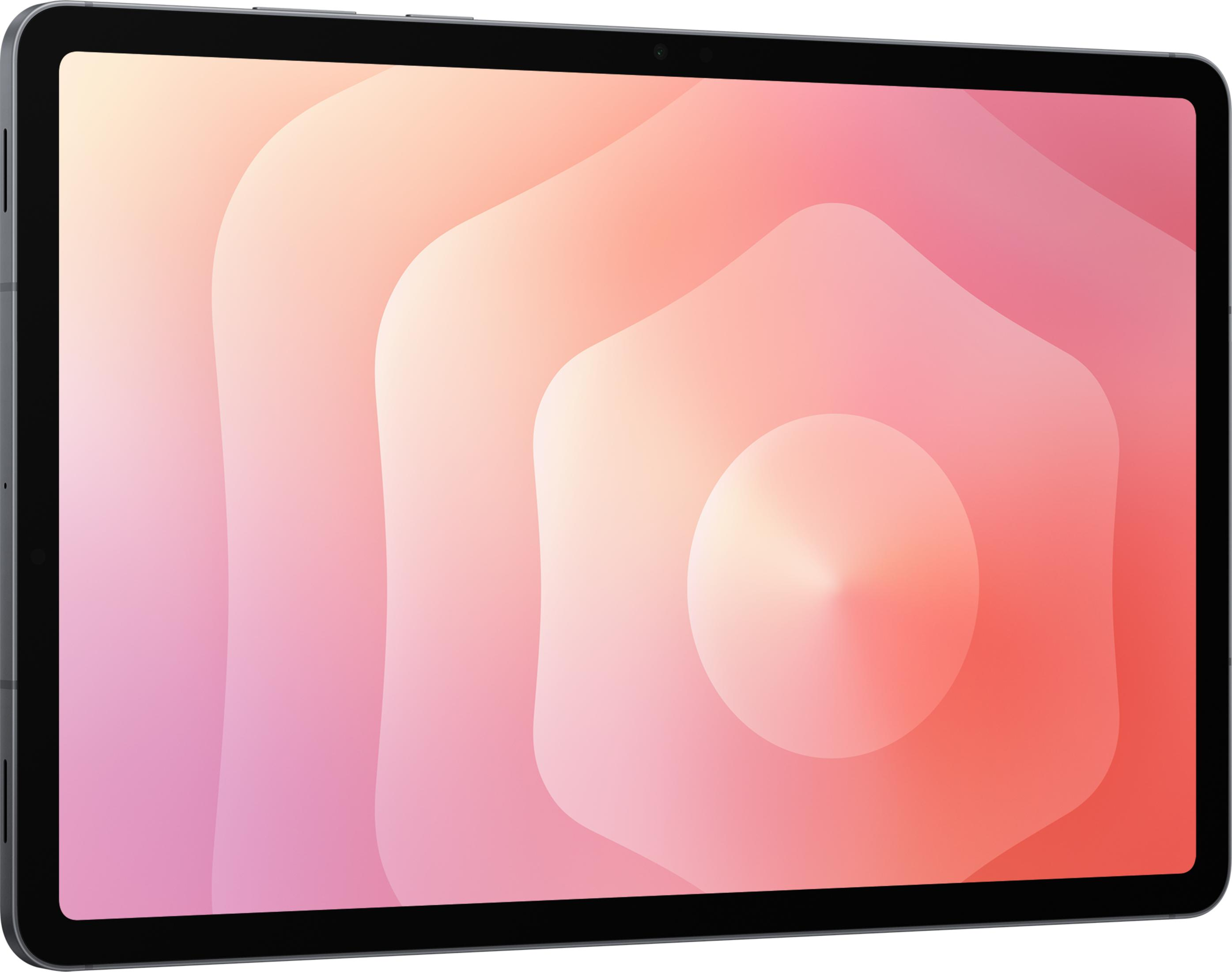 Ciemny tablet z kolorowym, abstrakcyjnym tłem.