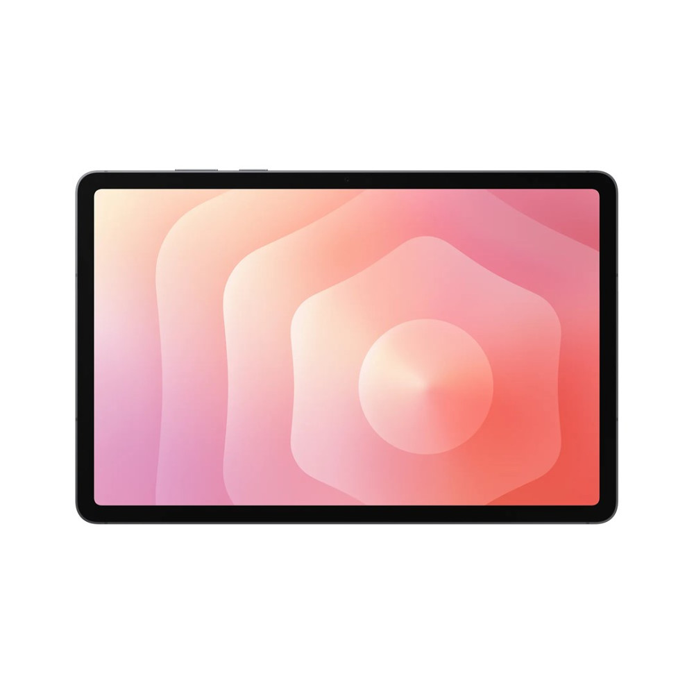 Un tablet scuro con uno sfondo astratto e colorato sullo schermo.