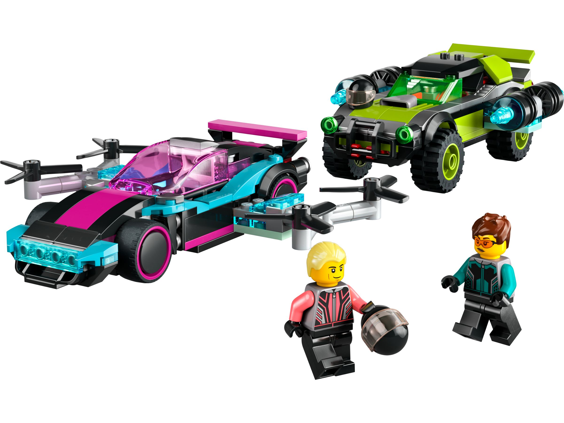 Due veicoli Lego, un'auto volante blu/rosa e un'auto verde con due minifigure accanto.