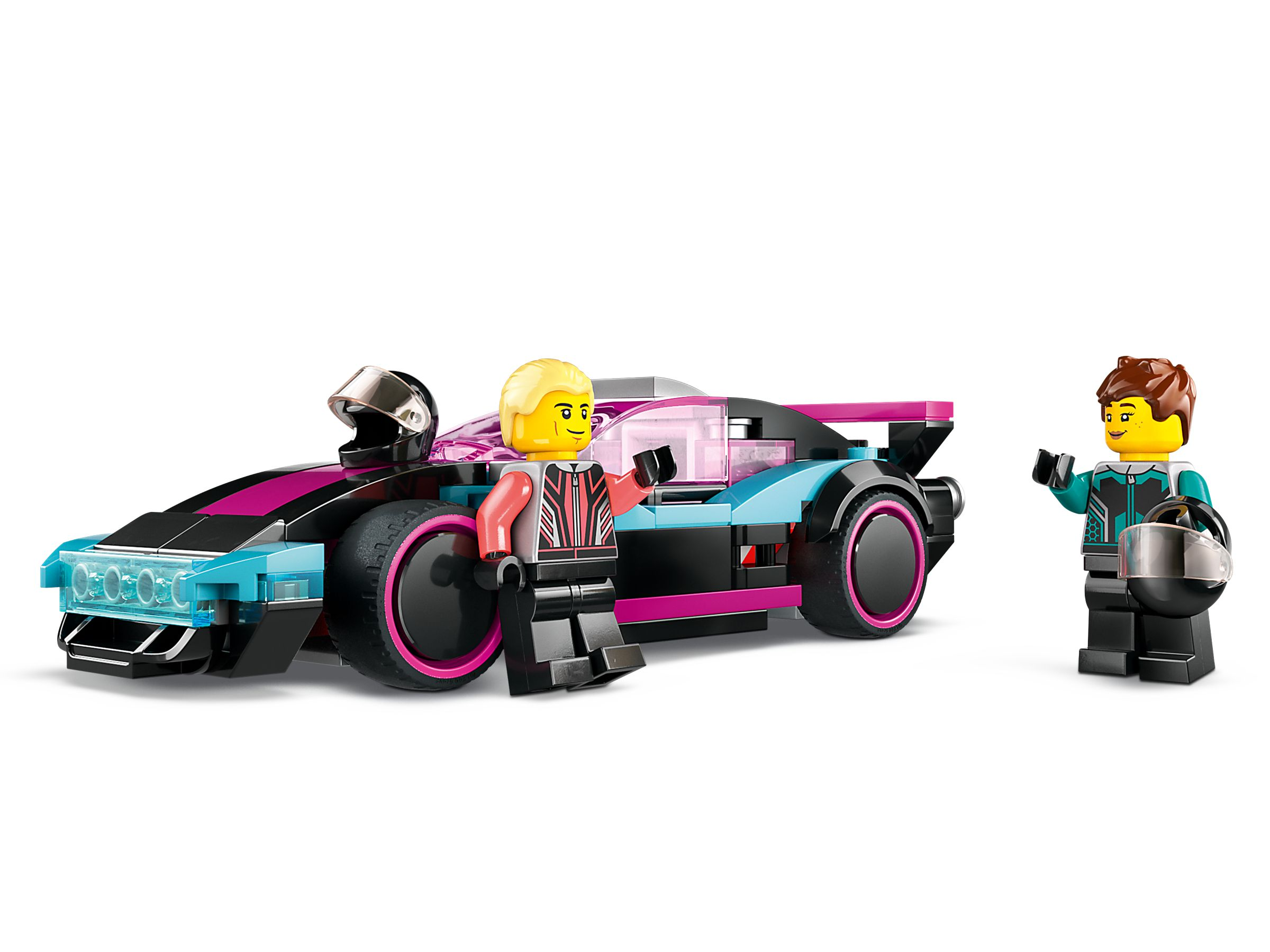 Auto da corsa Lego in nero, rosa e blu con due figure, una con casco.