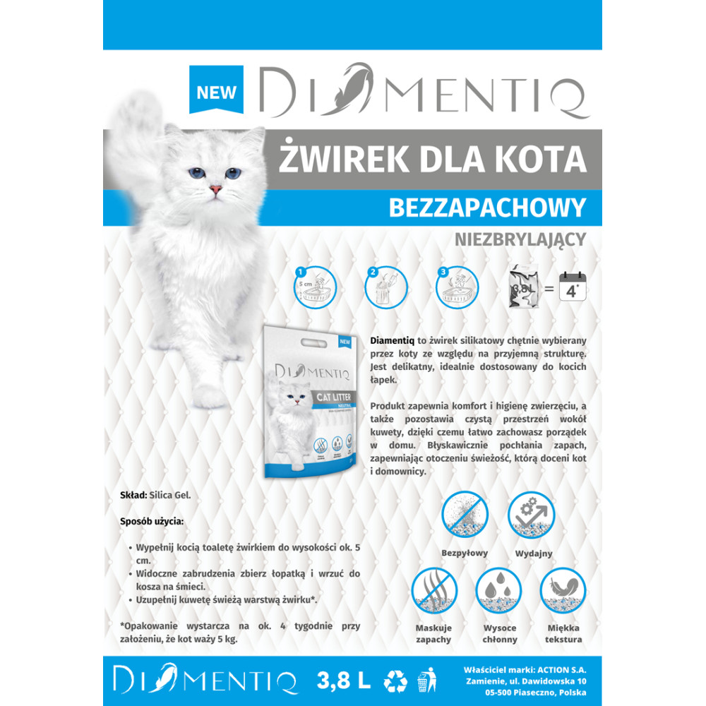 Biały kot siedzi obok opakowania żwirku dla kota Diamantiq. Informacje o użyciu.