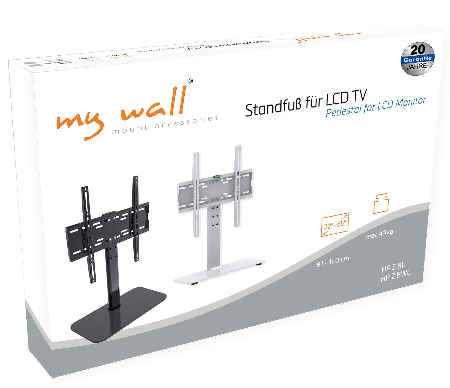 Verpackung für einen TV-Standfuß mit zwei Modellen, schwarz und silber.