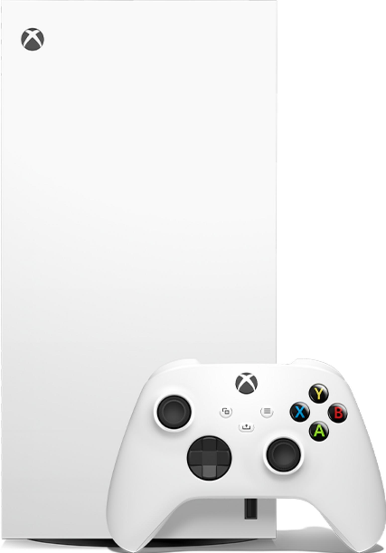 Ein weier Xbox Series S-Konsole mit einem passenden Controller davor.
