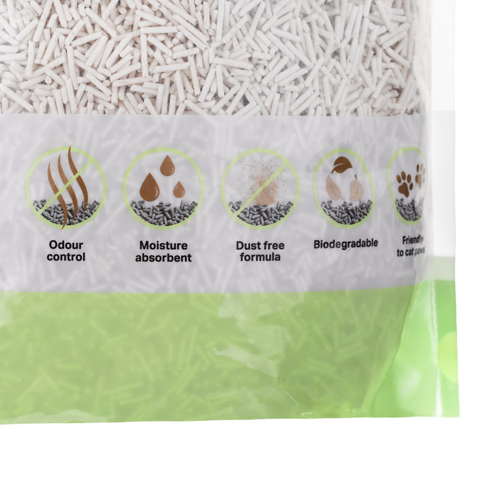 Żwirek dla kota z ikonami kontroli zapachu, chłonności wilgoci, formuły bezpyłowej, biodegradowalny, przyjazny łapkom.