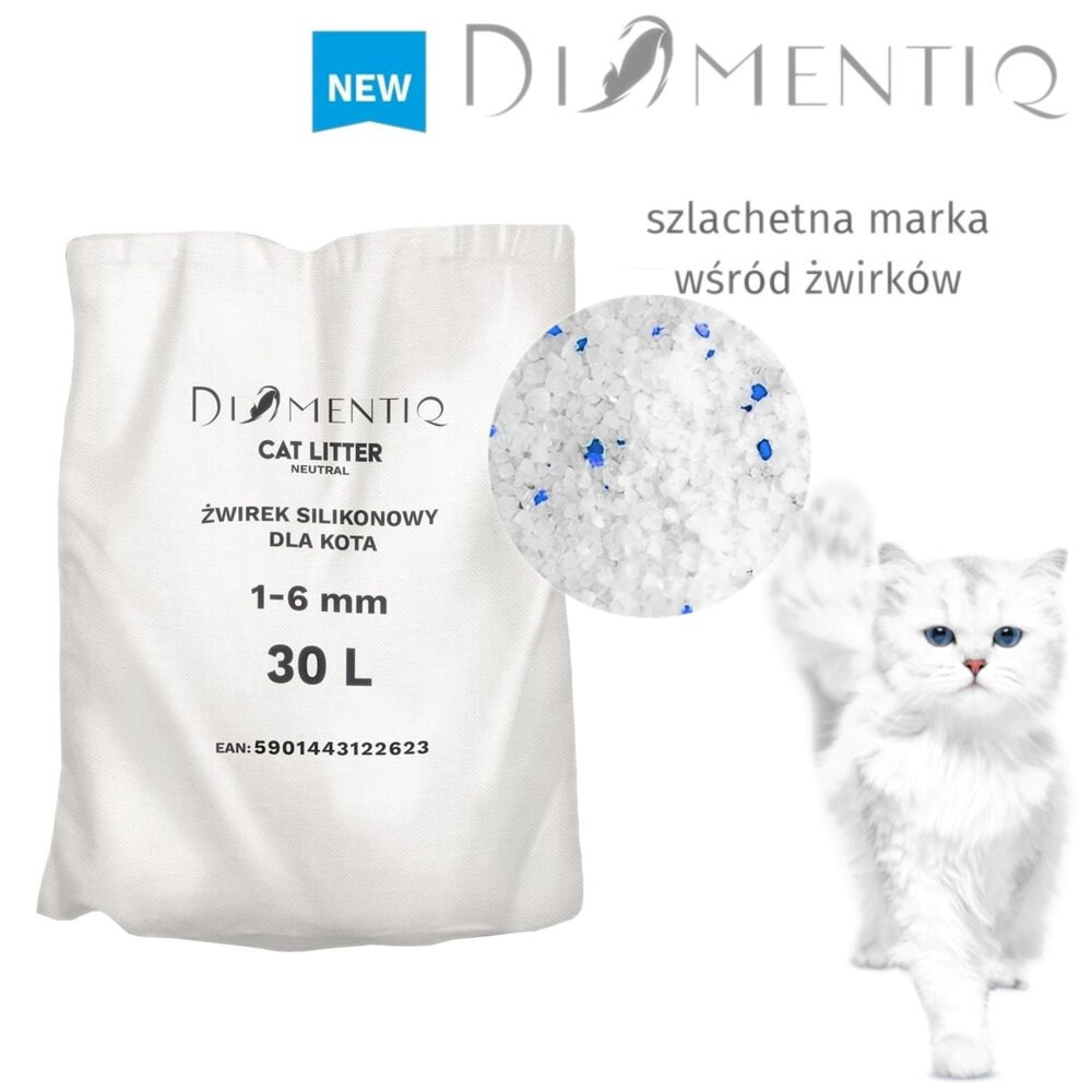 Una borsa di lettiera per gatti accanto a un gatto bianco. Dettagli sulla borsa.