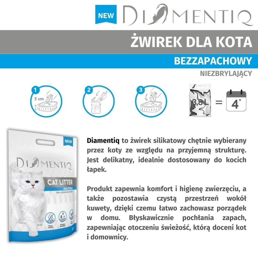 Istruzioni per lettiera Diamantiq: Versare 5 cm, smaltire i rifiuti, usare paletta.