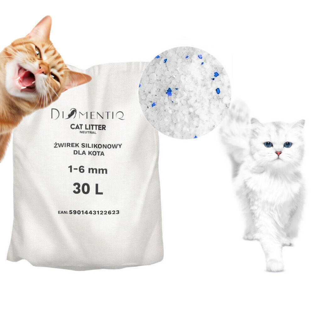 Lettiera per gatti: Gatto arancione, gatto bianco, sacco bianco con info granuli.