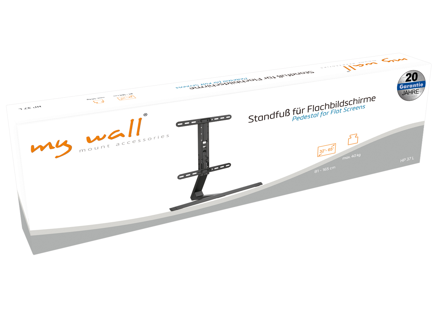 Ein schwarzer TV-Ständer mit "my wall" Logo und Garantieangaben.