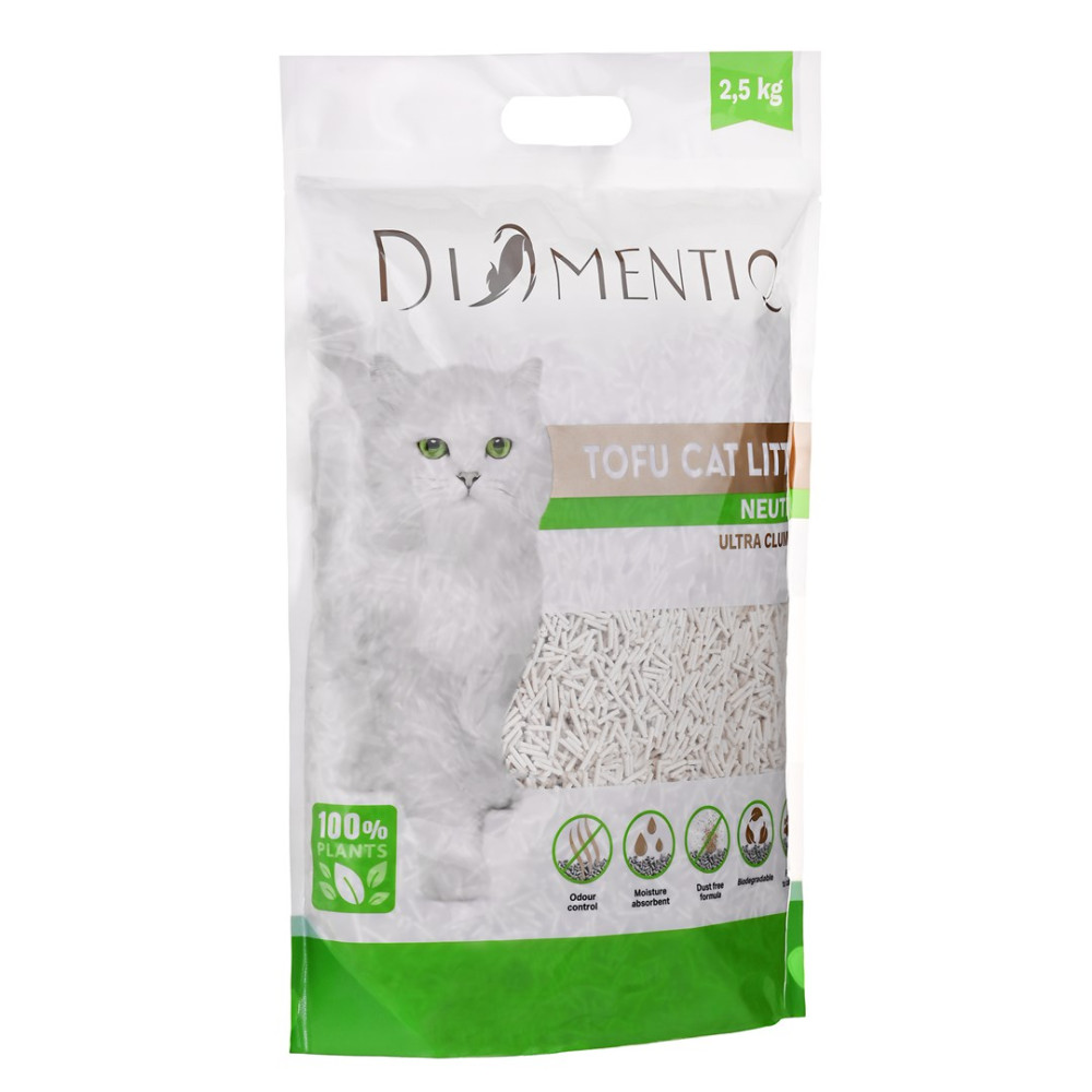 Una borsa di lettiera per gatti con un gatto bianco e la scritta "Tofu Cat Litter".