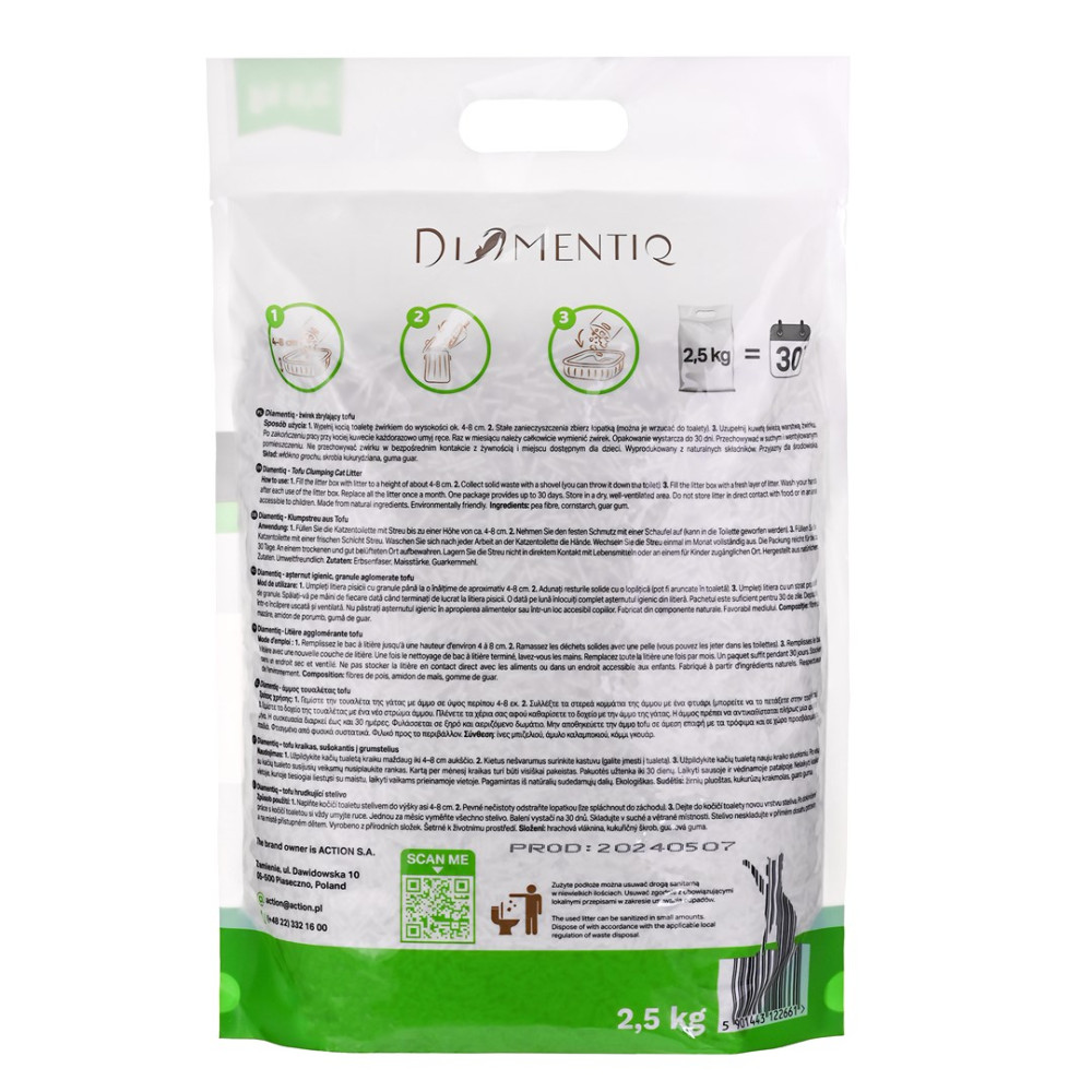 Confezione di lettiera per gatti Diamentiq Tofu con istruzioni per l'uso e informazioni sul prodotto.