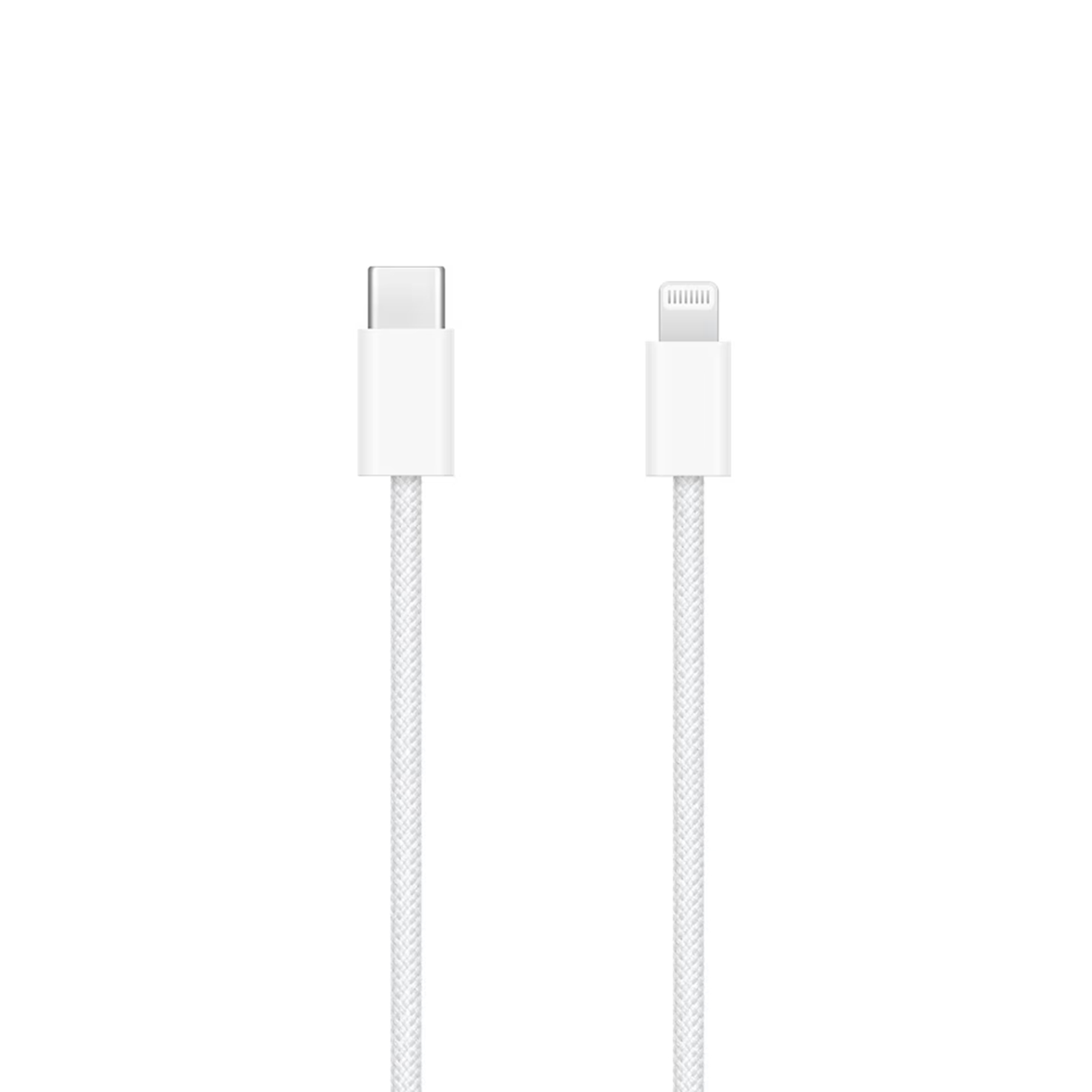 Twee witte kabeluiteinden: USB-C en Lightning, op witte achtergrond.