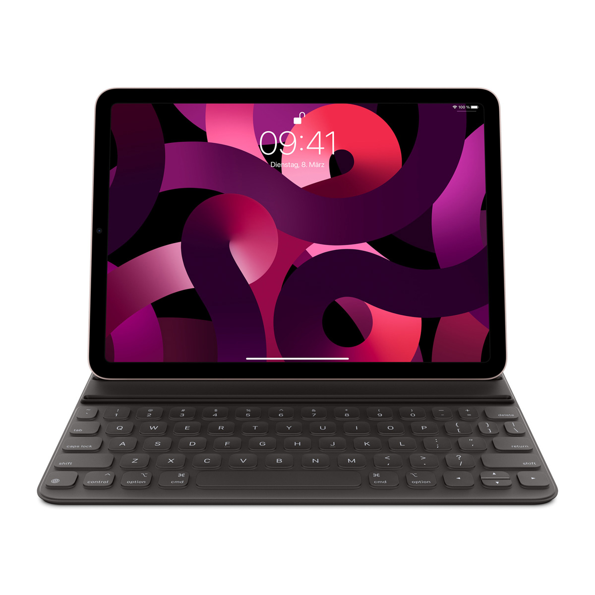 Ein iPad mit Tastatur im Querformat. Der Bildschirm zeigt 09:41 Uhr an.