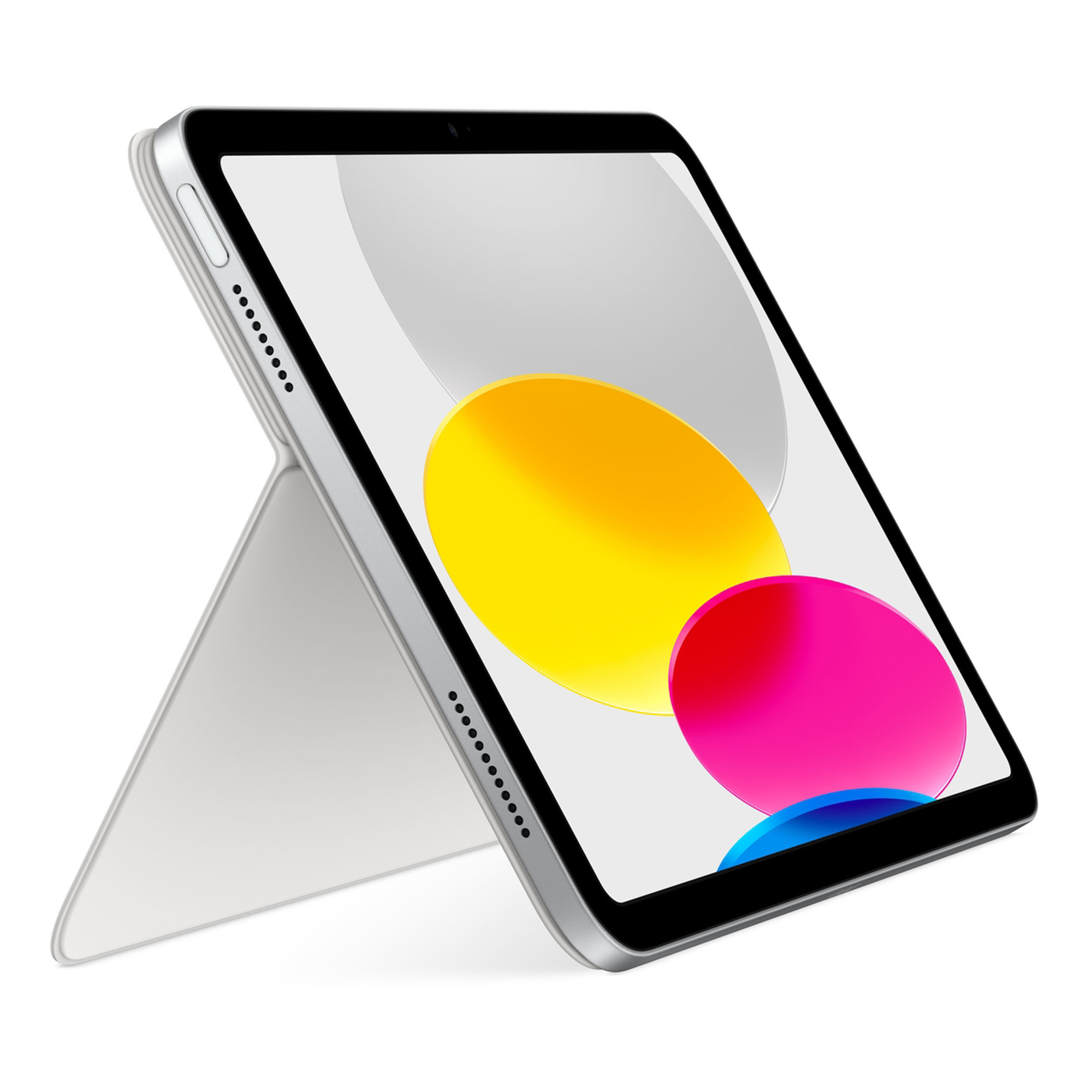 Srebrny tablet z podstawką i kolorowym ekranem na białym tle.