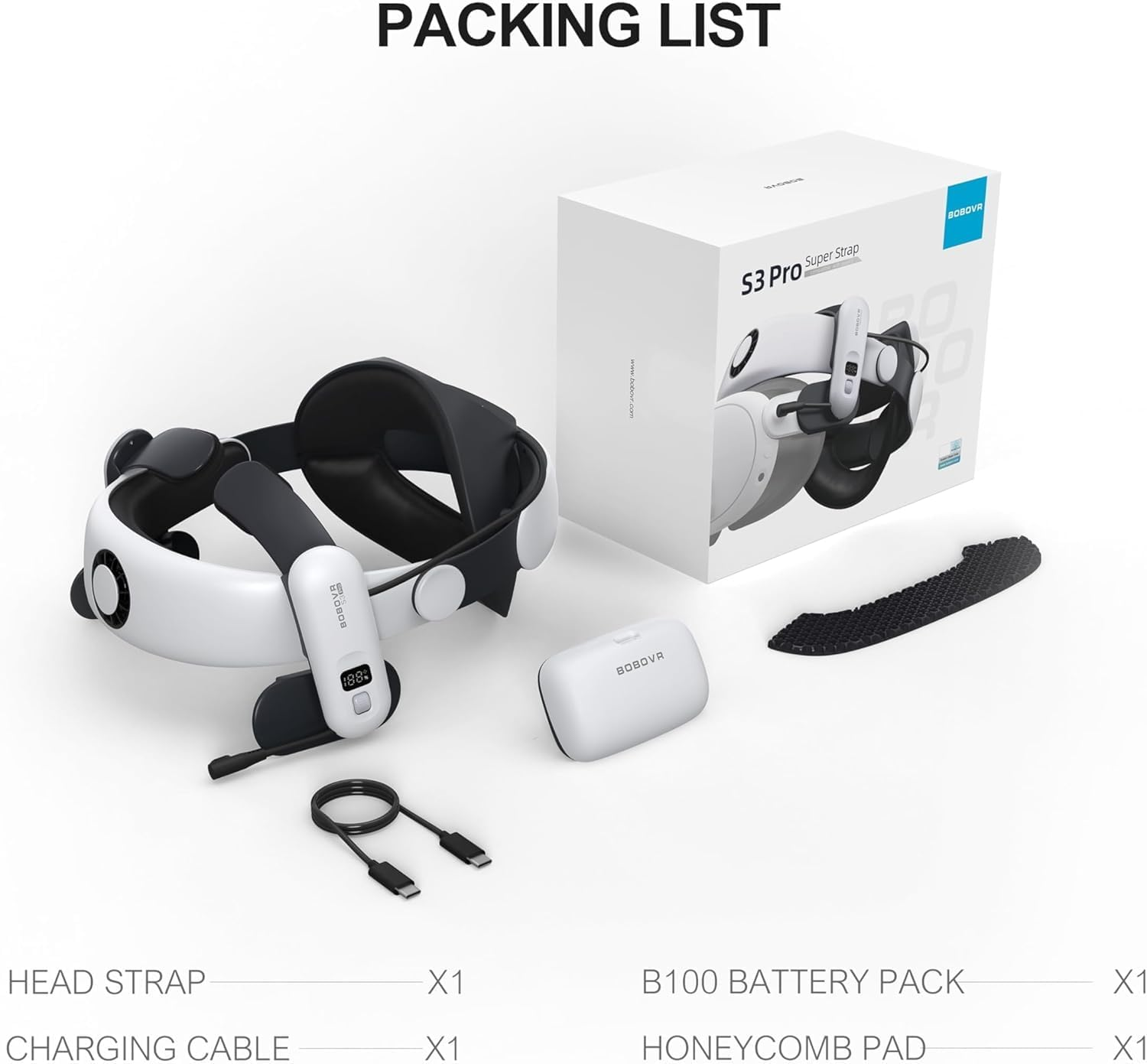 Accessori VR: fascia, batteria, cavo e pad su sfondo bianco.
