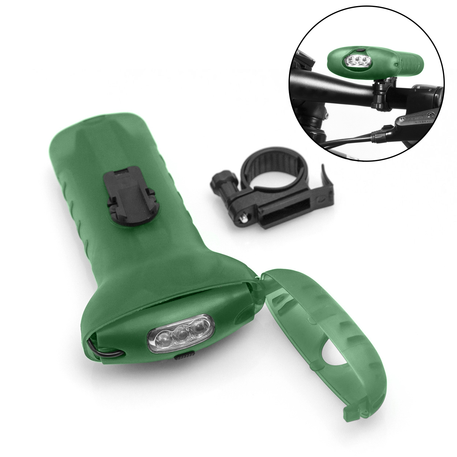 Luce verde per bicicletta con tre LED e supporto su sfondo bianco.
