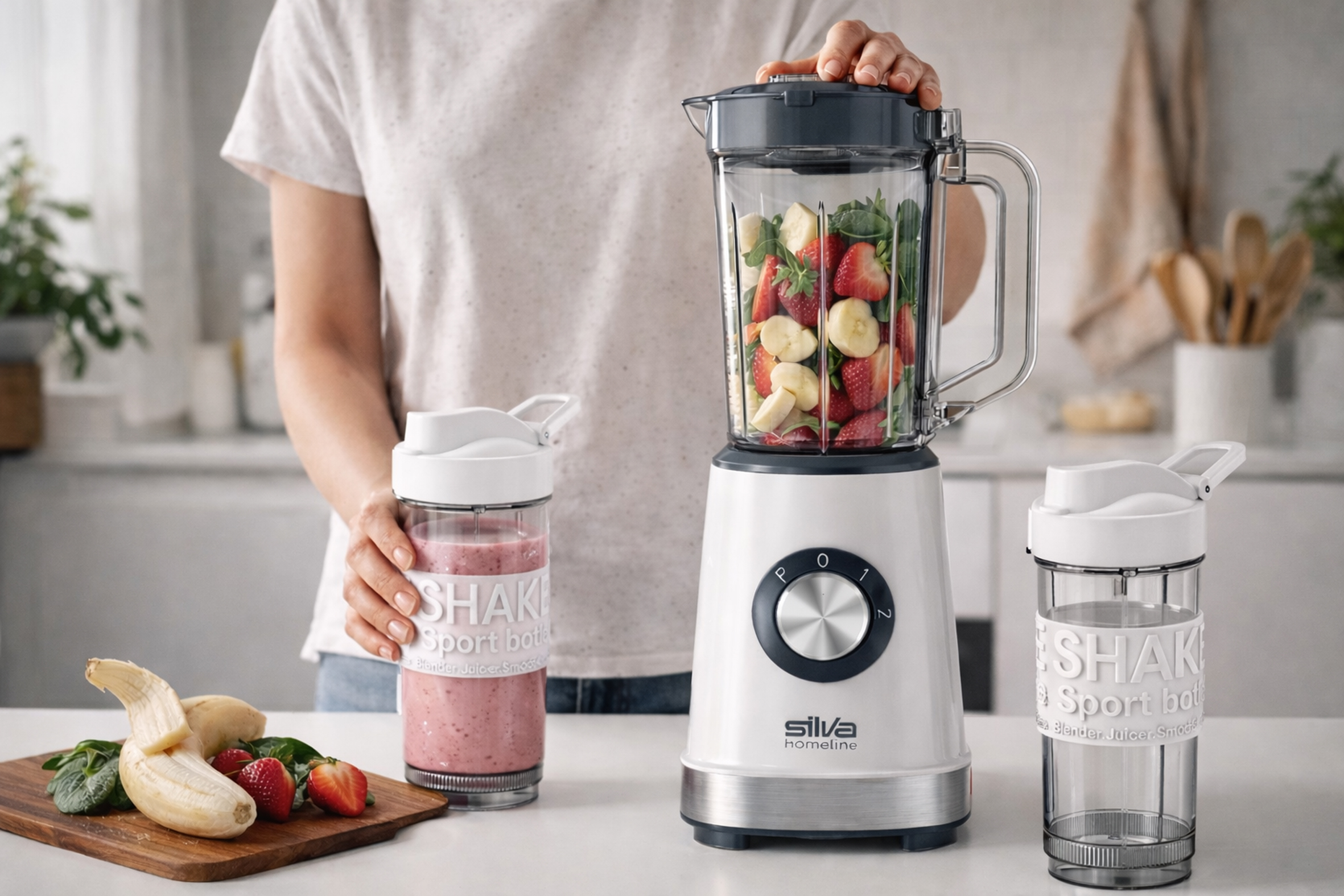 Ein Mixer mit Erdbeeren und Bananen, daneben ein Smoothie und ein leerer Becher.