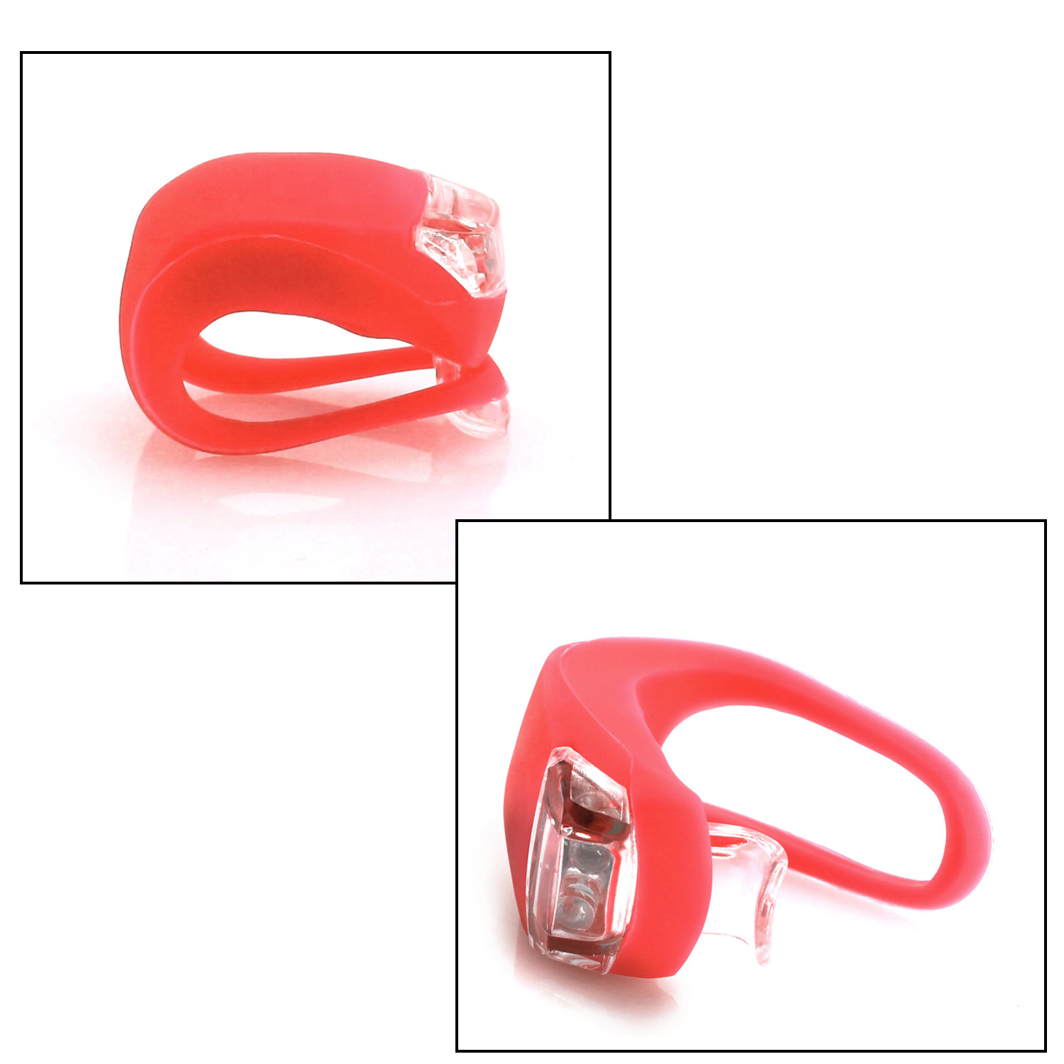 Luce rossa in silicone per bicicletta con custodia e cinturino trasparenti.