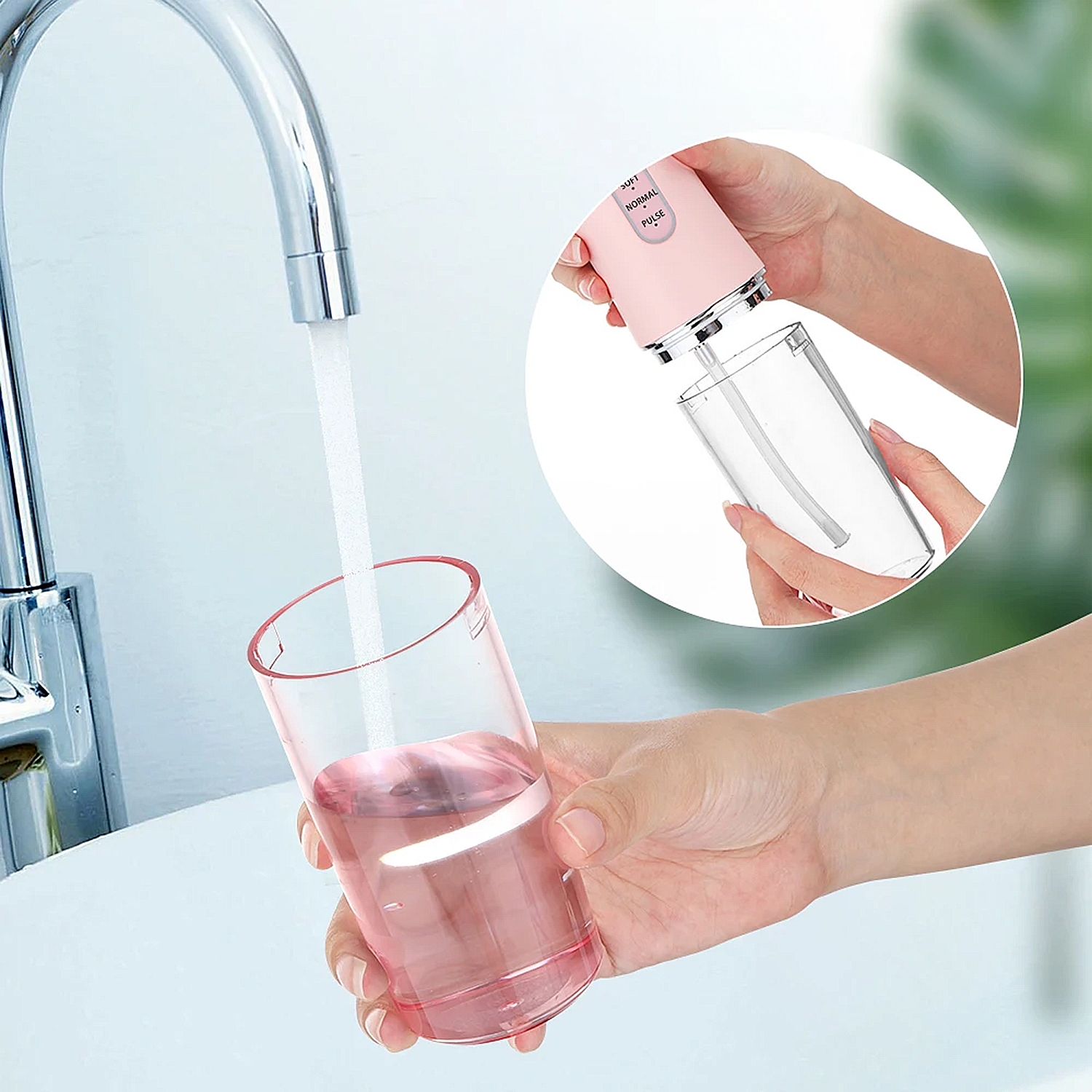 Un rubinetto riempie un bicchiere rosa d'acqua. Un dispositivo rosa viene assemblato.