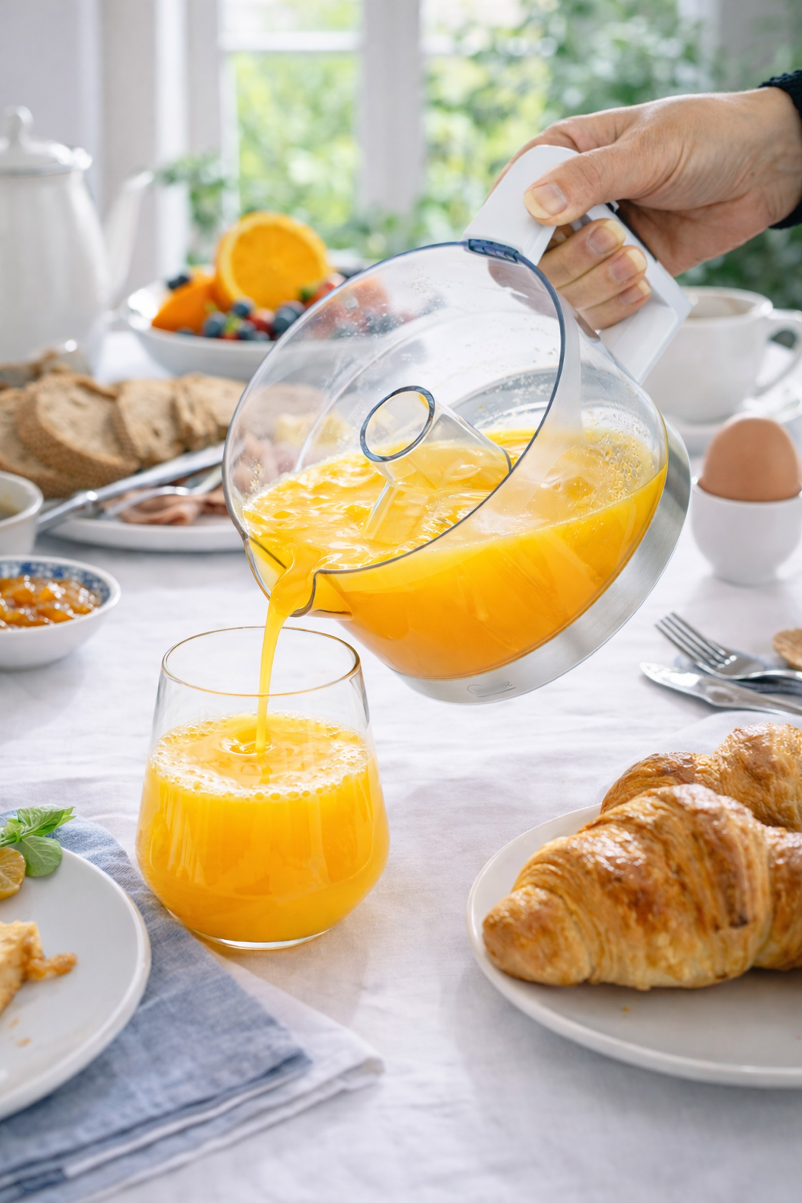 Frischer Orangensaft wird in ein Glas gegossen, serviert mit Croissants und Obst.