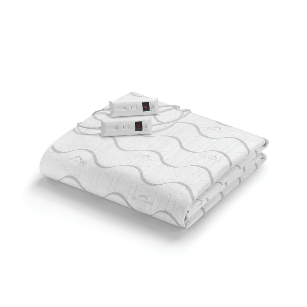 Folded white electric blanket with two white controllers and red indicator lights.