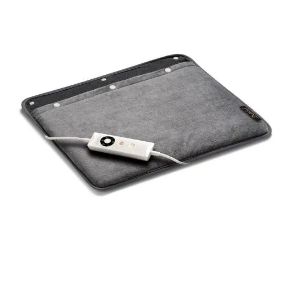 Gray heating pad with a white controller and cord.