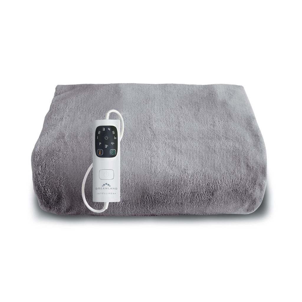 Gray heated blanket with white controller and cord, on a white background.